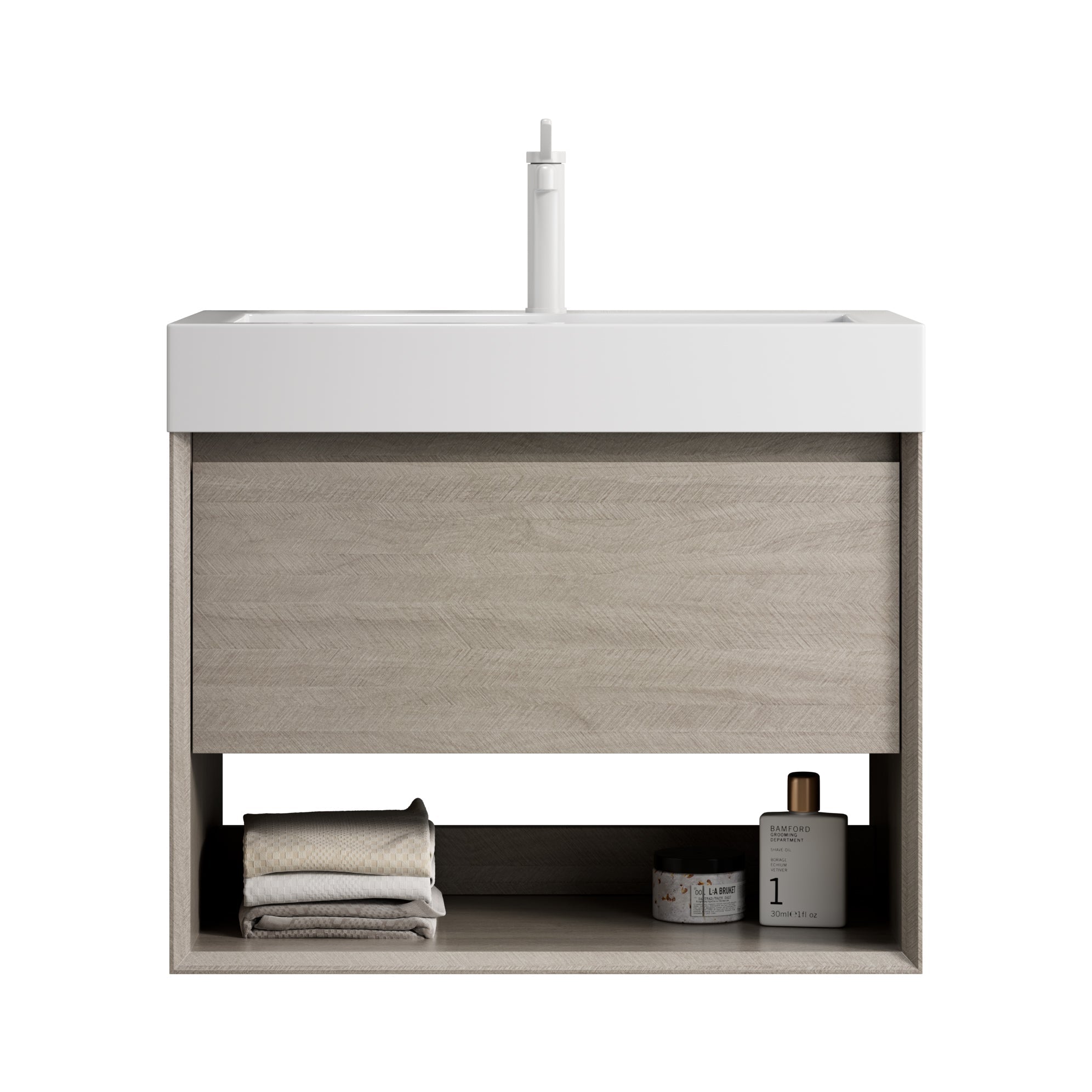 Wall-Mounted Bathroom Vanity Unit with Integrated Resin Basin and Storage, Light Oak wood Grain Color