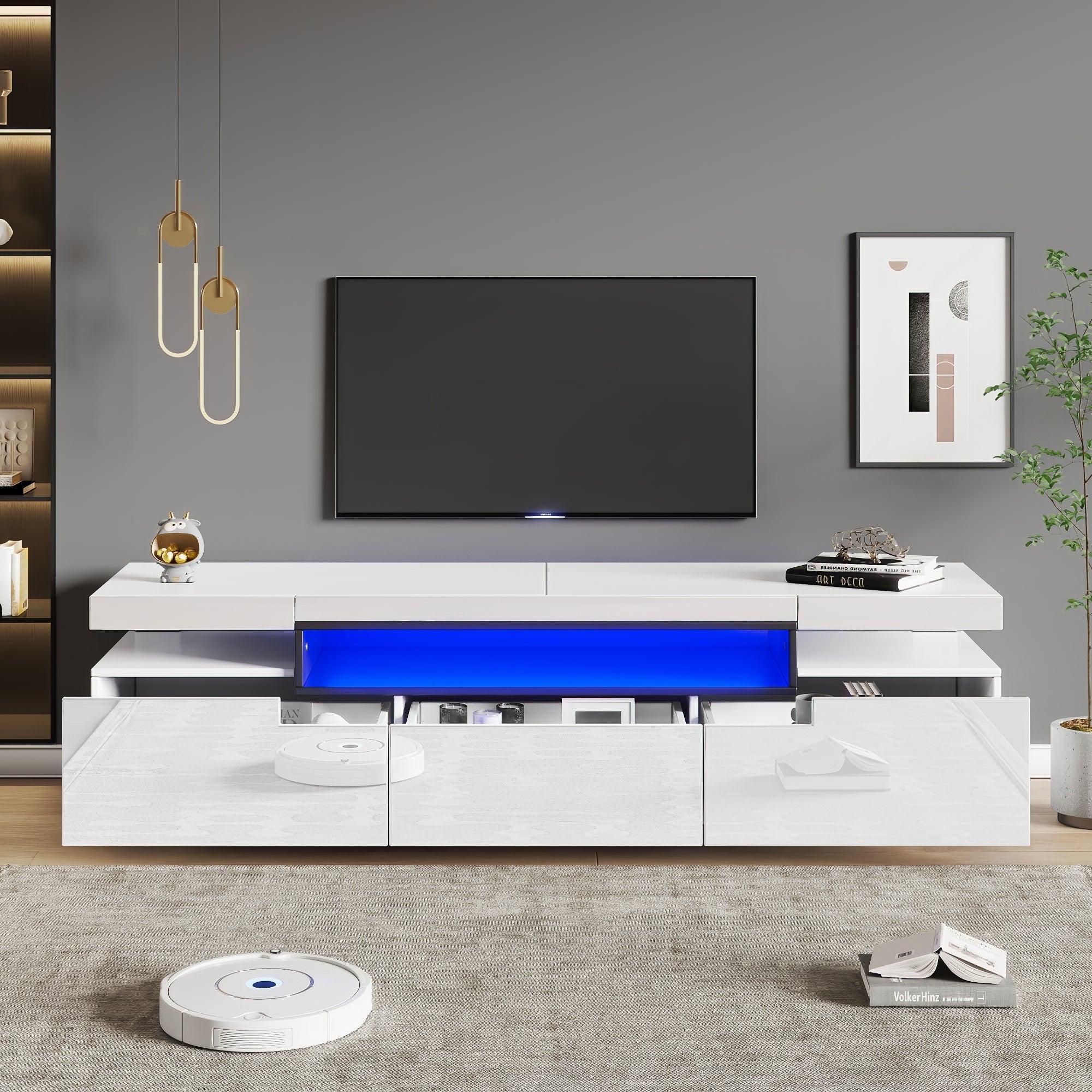 TV Cabinet, 160x39x42cm LED Lighting, 3 Drawers, White High-Gloss