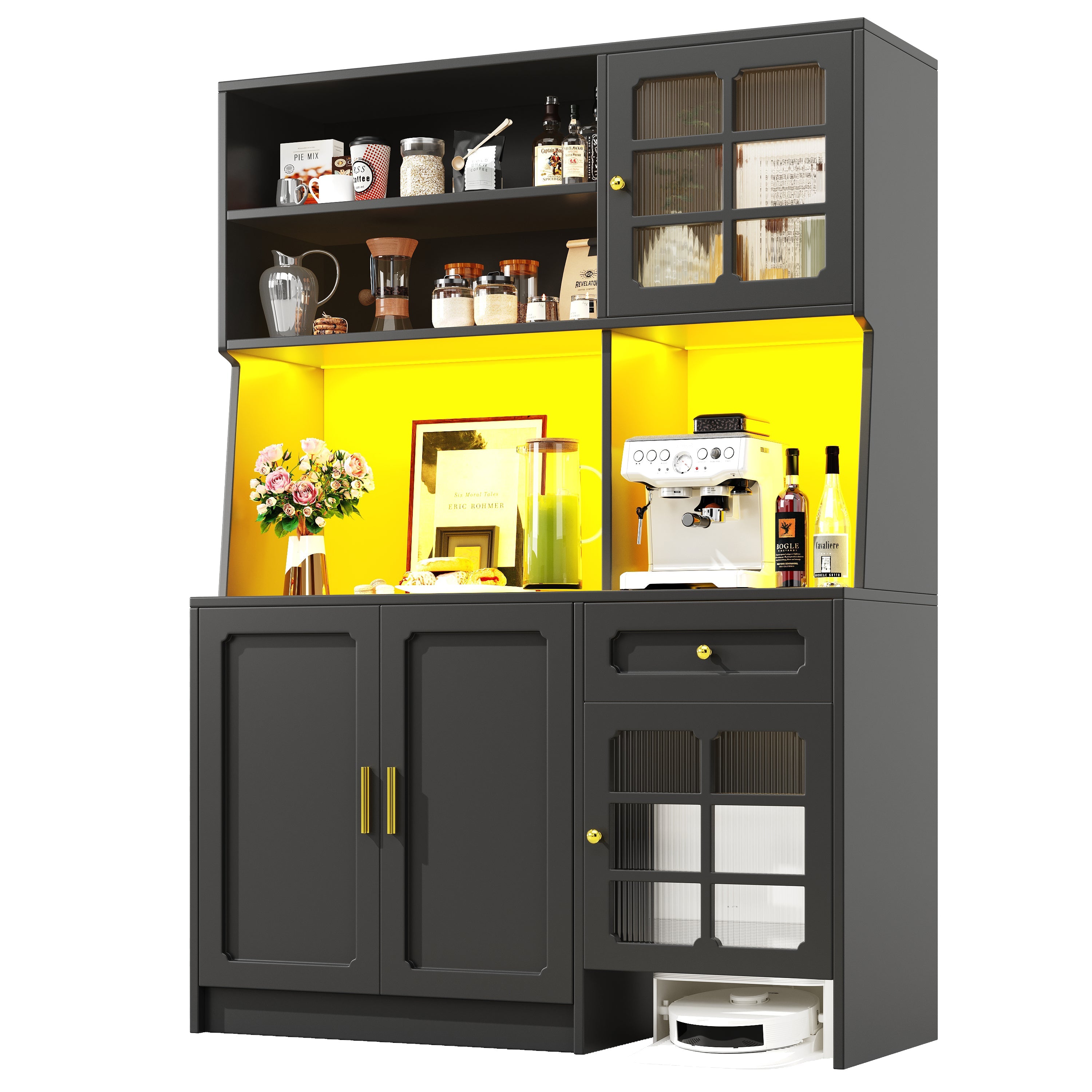 Tall Kitchen Cabinet Sideboard with Glass Doors and LED Lighting, Black