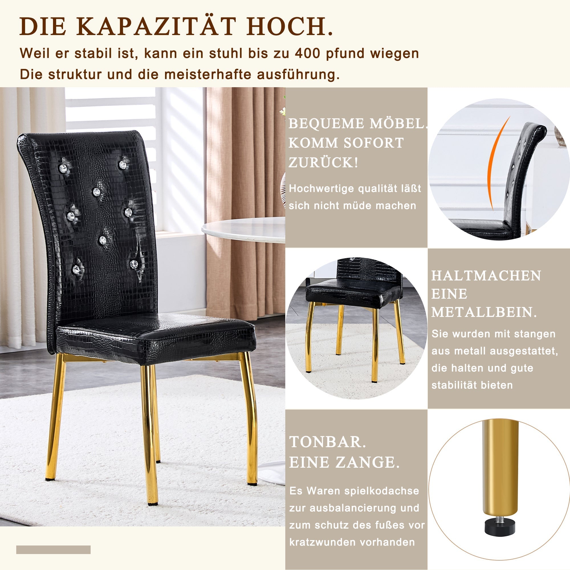 Dining Chairs Set of 2 Retro Upholstered Alligator-Skin Crystal Buckle Gold Legs Faux Leather