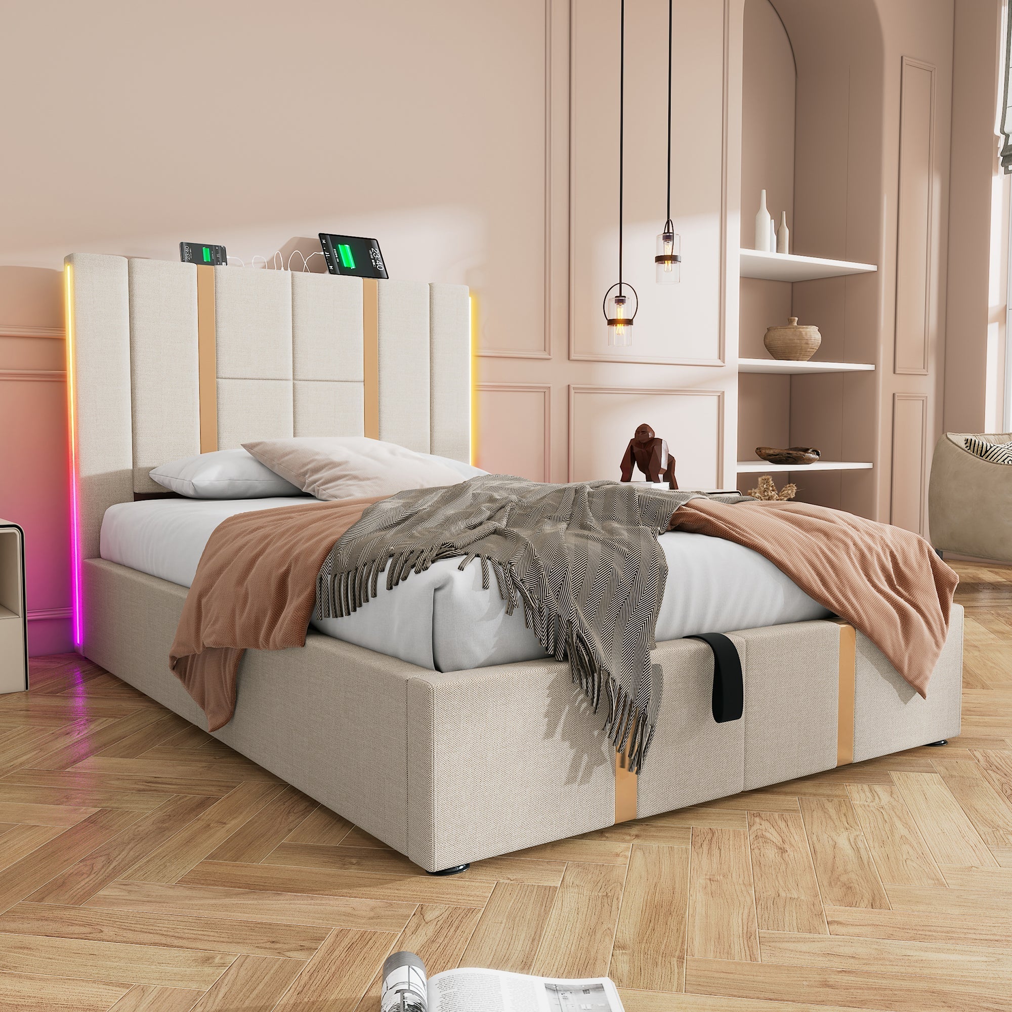 Upholstered Bed, USB C, LED, Storage, 90x200, Wood Slats, Beige Linen