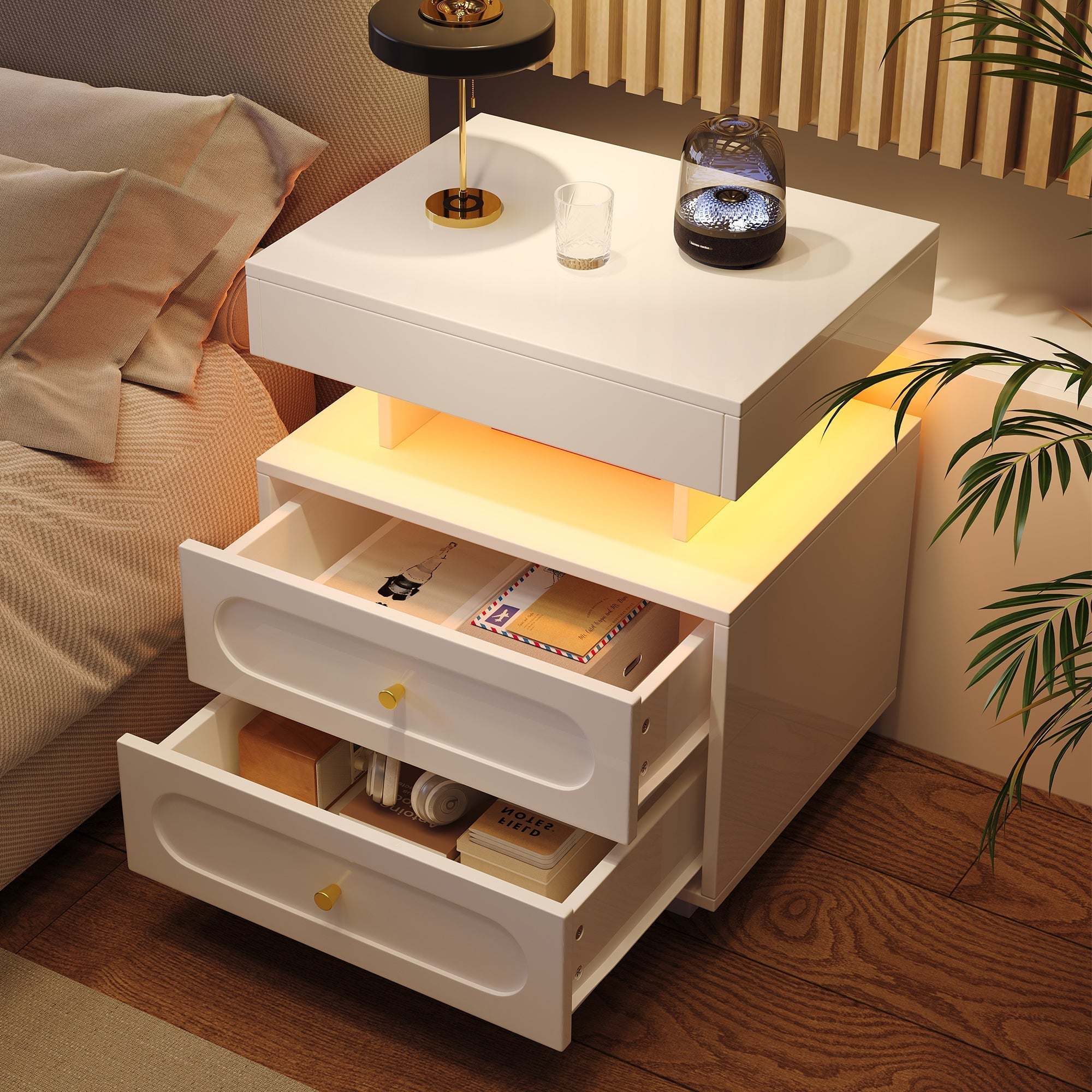 Nachttisch mit LED, 2 Schubladen und offenem Fach, Weiß
