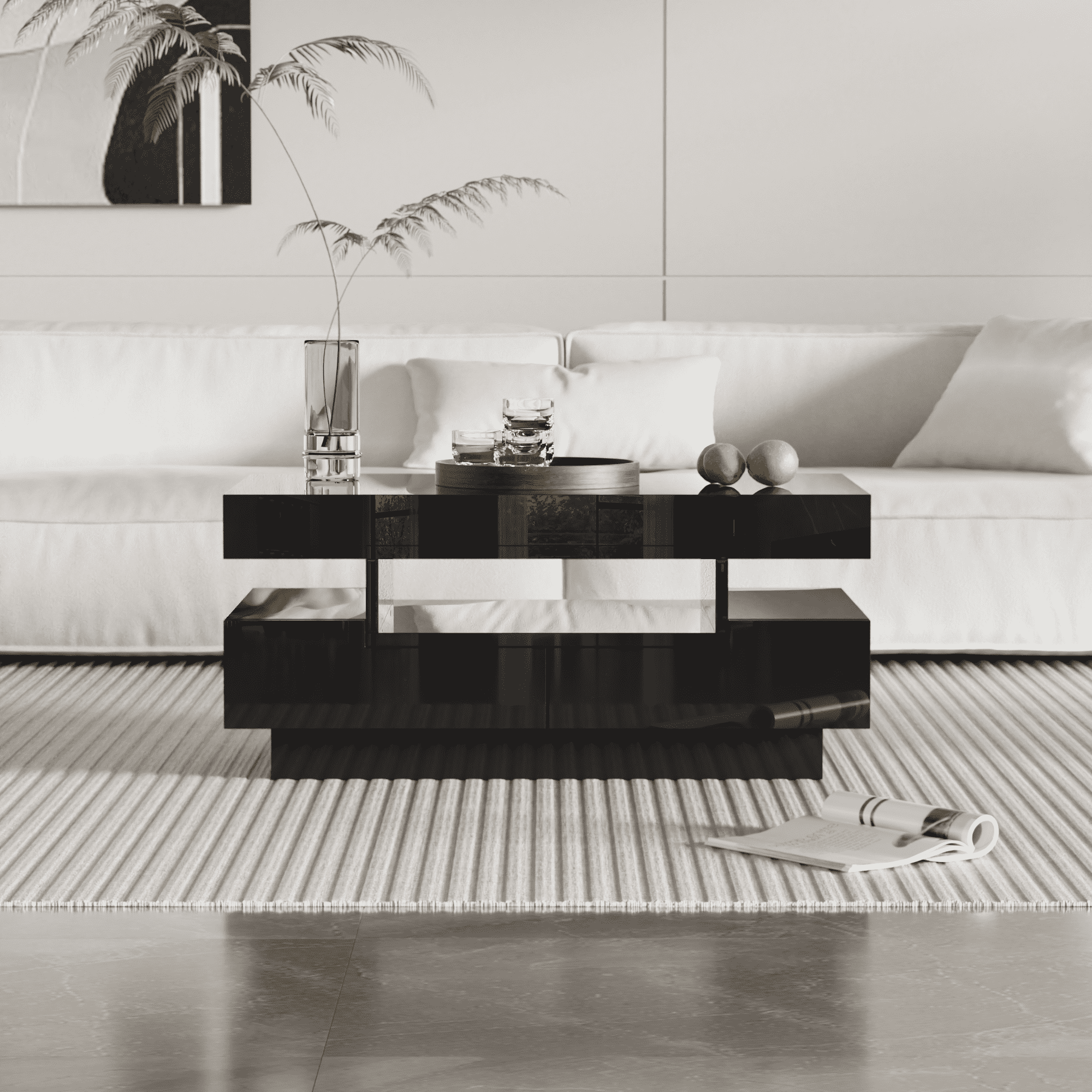 Coffee Table, High-Gloss, LED Light, Four Drawers, Large Storage, White