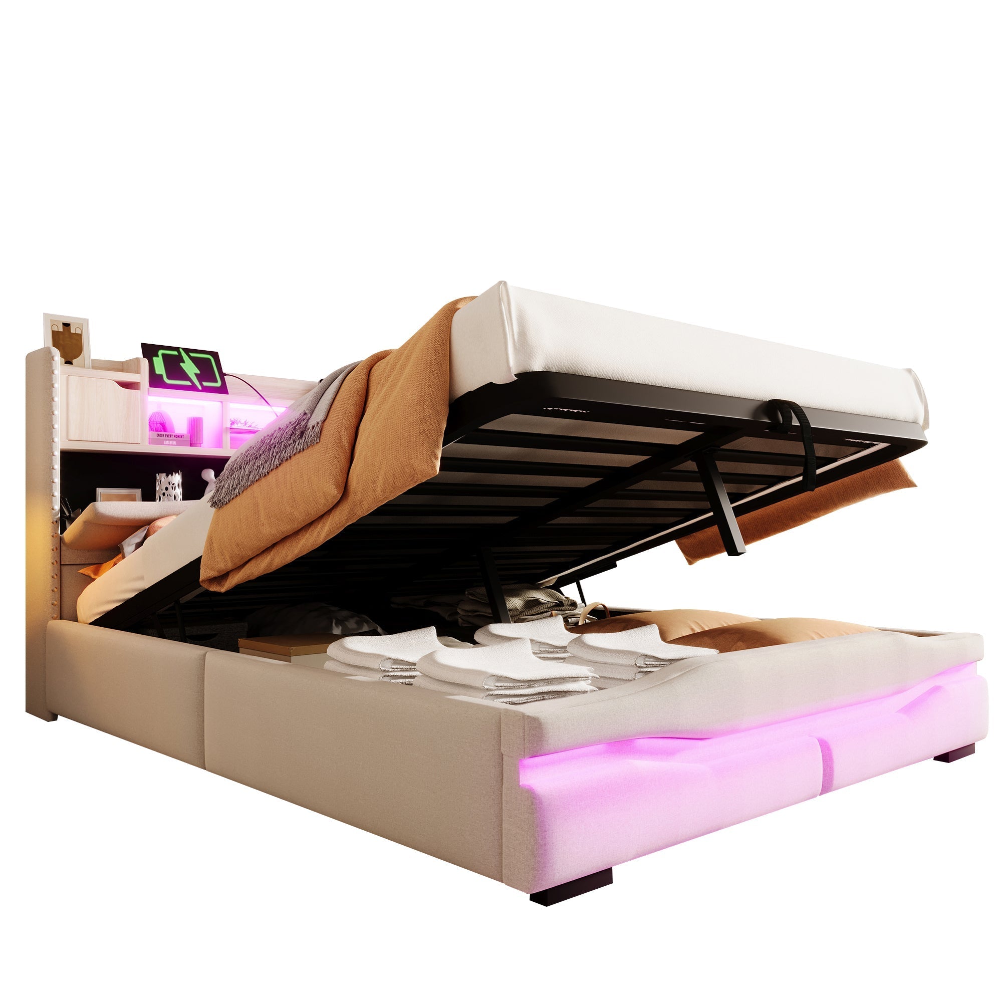 Upholstered Bed 140x200cm Hydraulic Storage USB-C LED Headboard Compartment Beige