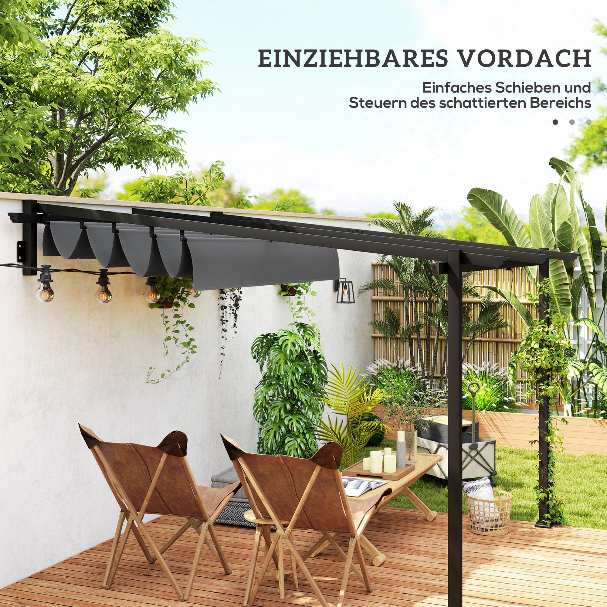 Patio Roof Pergola, Wall Mounted Adjustable 3x3m, Aluminum Dark Grey