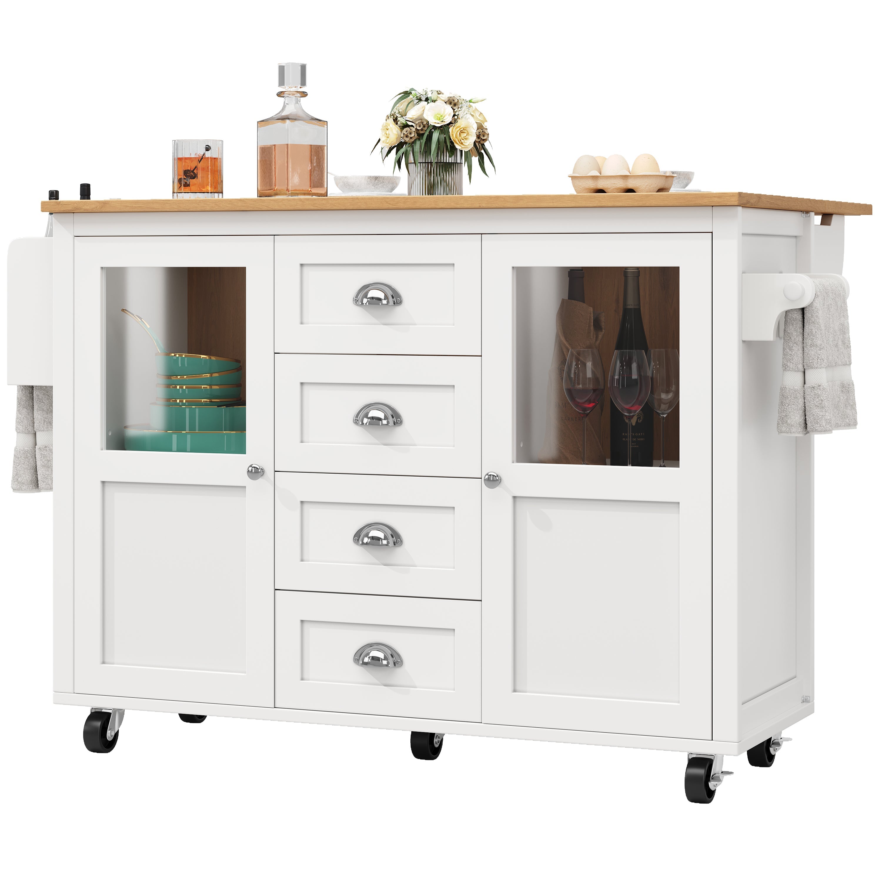 Kitchen Island with Extendable Trolley and Storage Drawers, White/Black