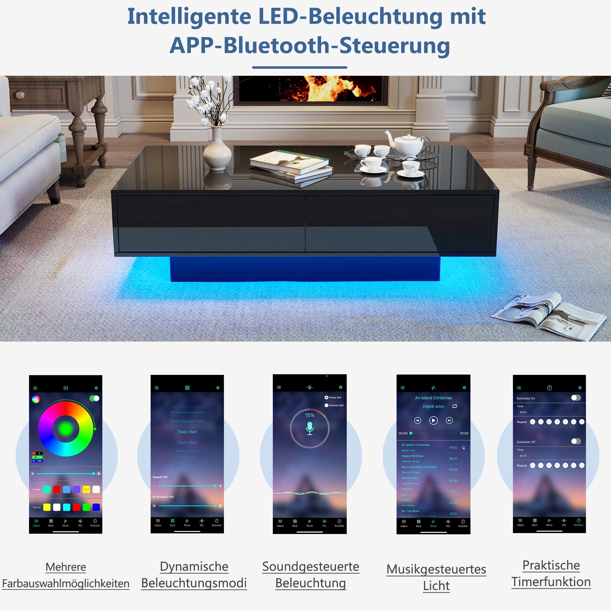 Modern Coffee Table, 115x55x34cm with 2 Drawers, LED Lighting, Black High-Gloss