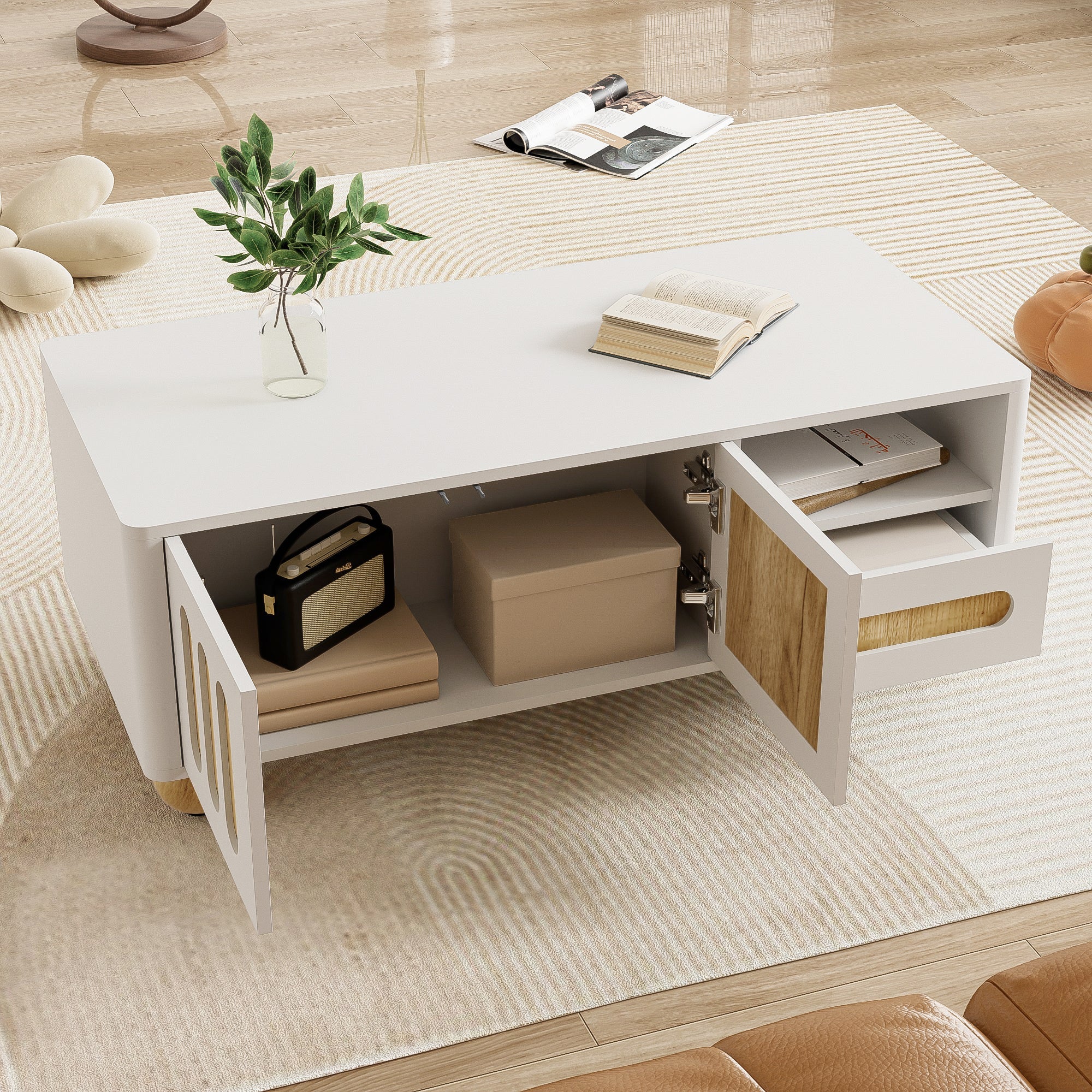 Coffee Table, 105x50x40 cm, 4 Doors, 2 Drawers, LED Light, White Wood