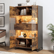 Display Cabinet LED Lighting Storage 2 Drawers Highboard, Black + Wood Grain