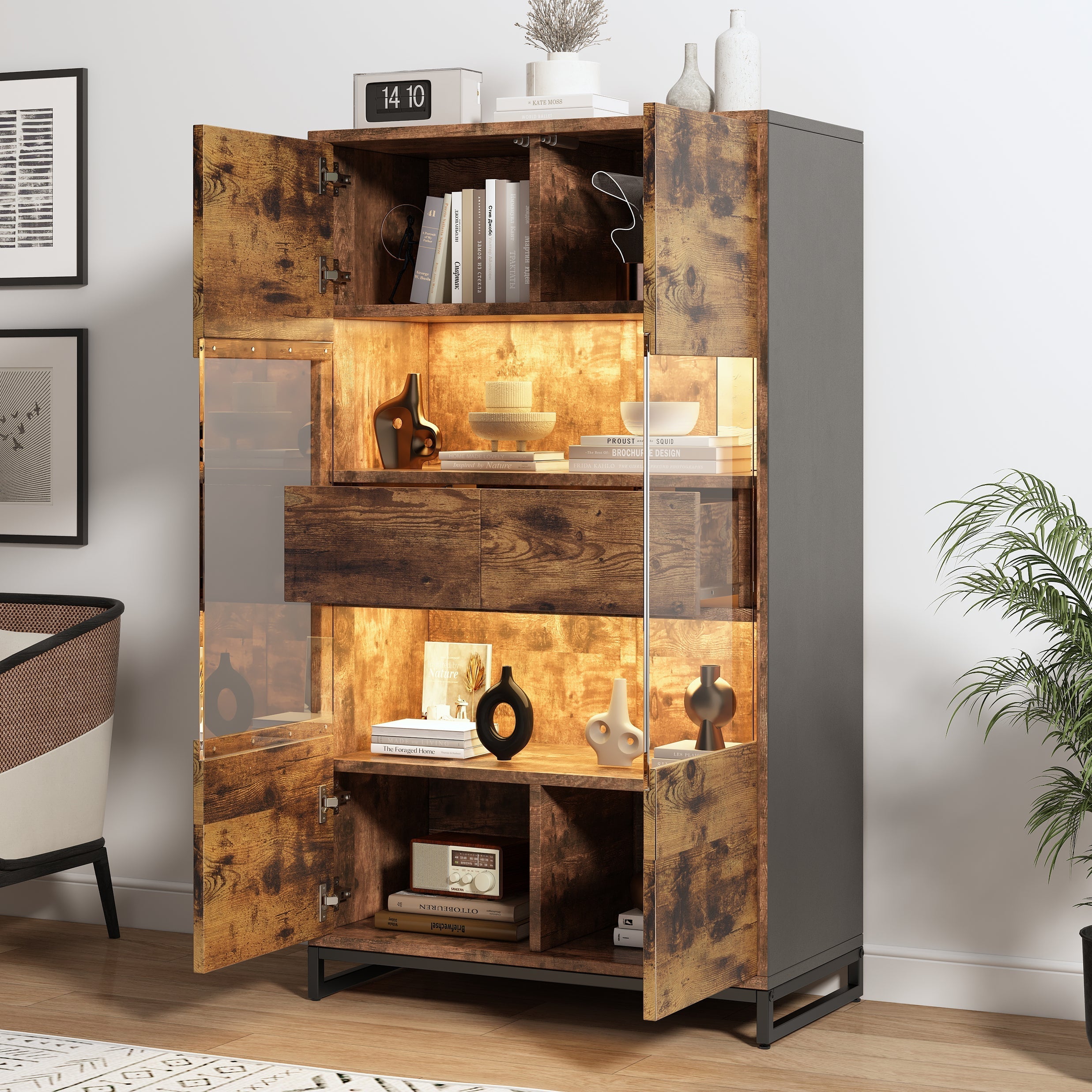 Display Cabinet LED Lighting Storage 2 Drawers Highboard, Black + Wood Grain