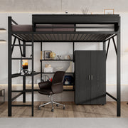 Iron Loft Bed with Desk, Storage and Wardrobe, Black Iron and MDF, 140x200cm