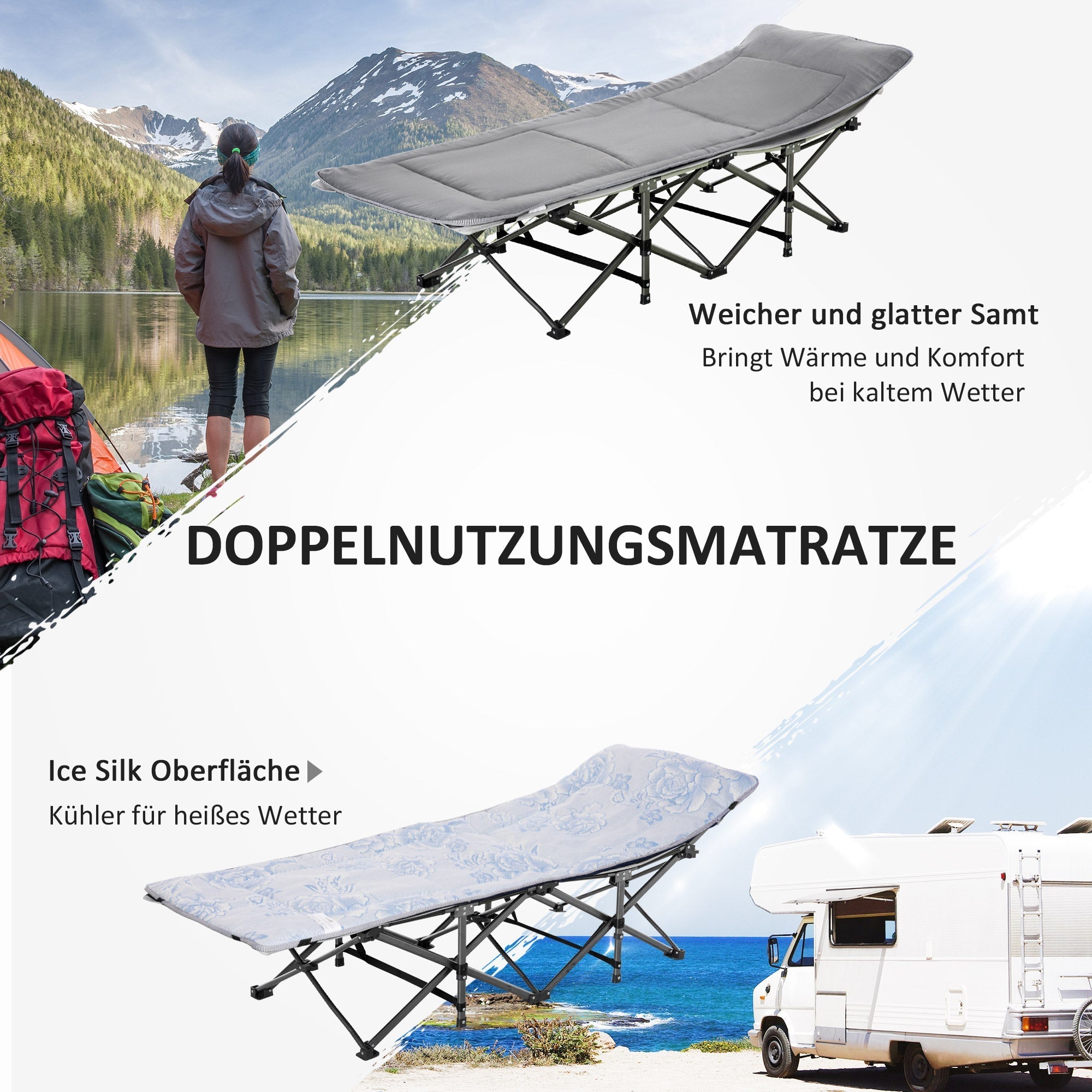Campingliege faltbar mit Kissen, Seitentasche, 150kg, Hellgrau