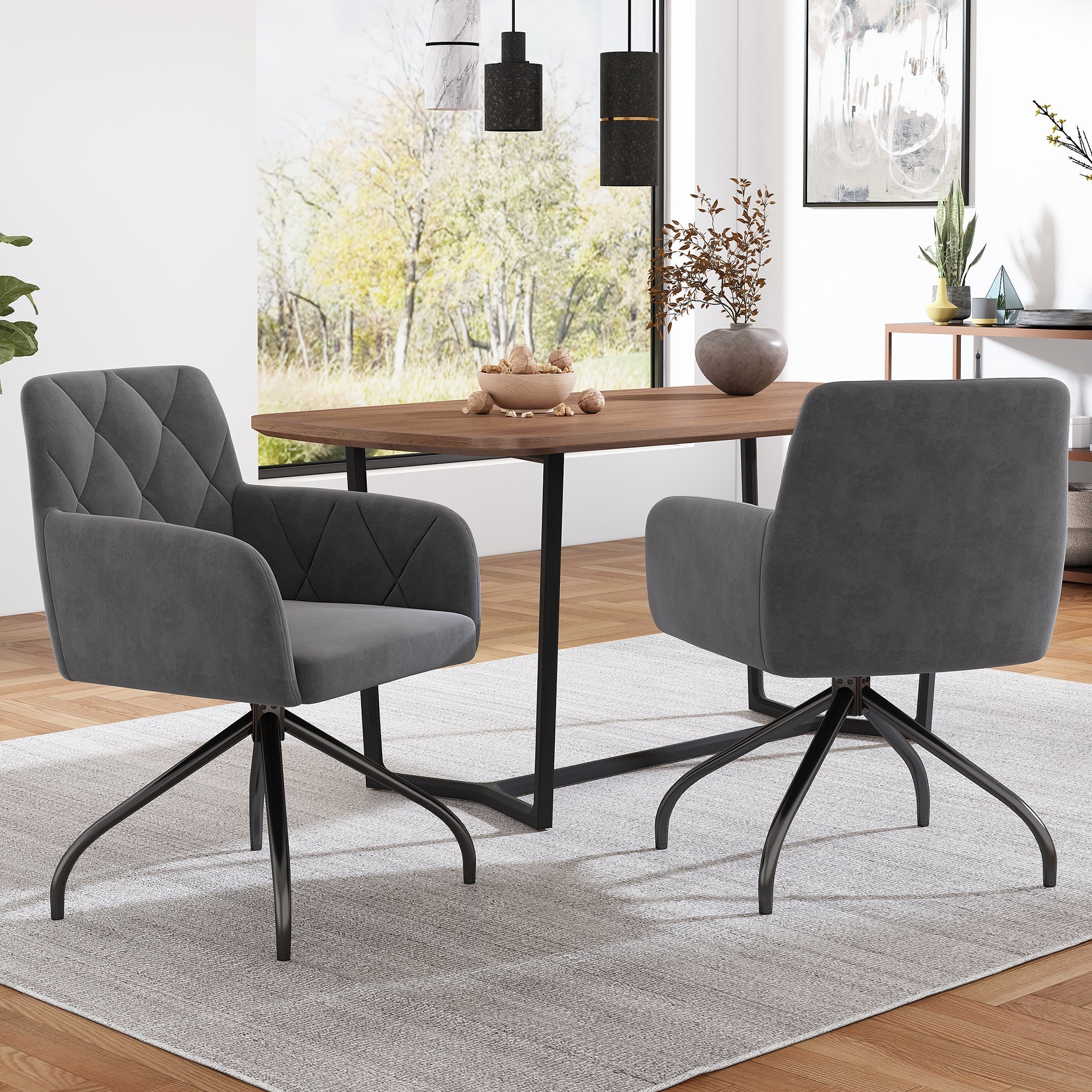 Set of 2 Swivel Dining Chairs Upholstered Diamond Pattern Lumbar Support Anthracite Velvet