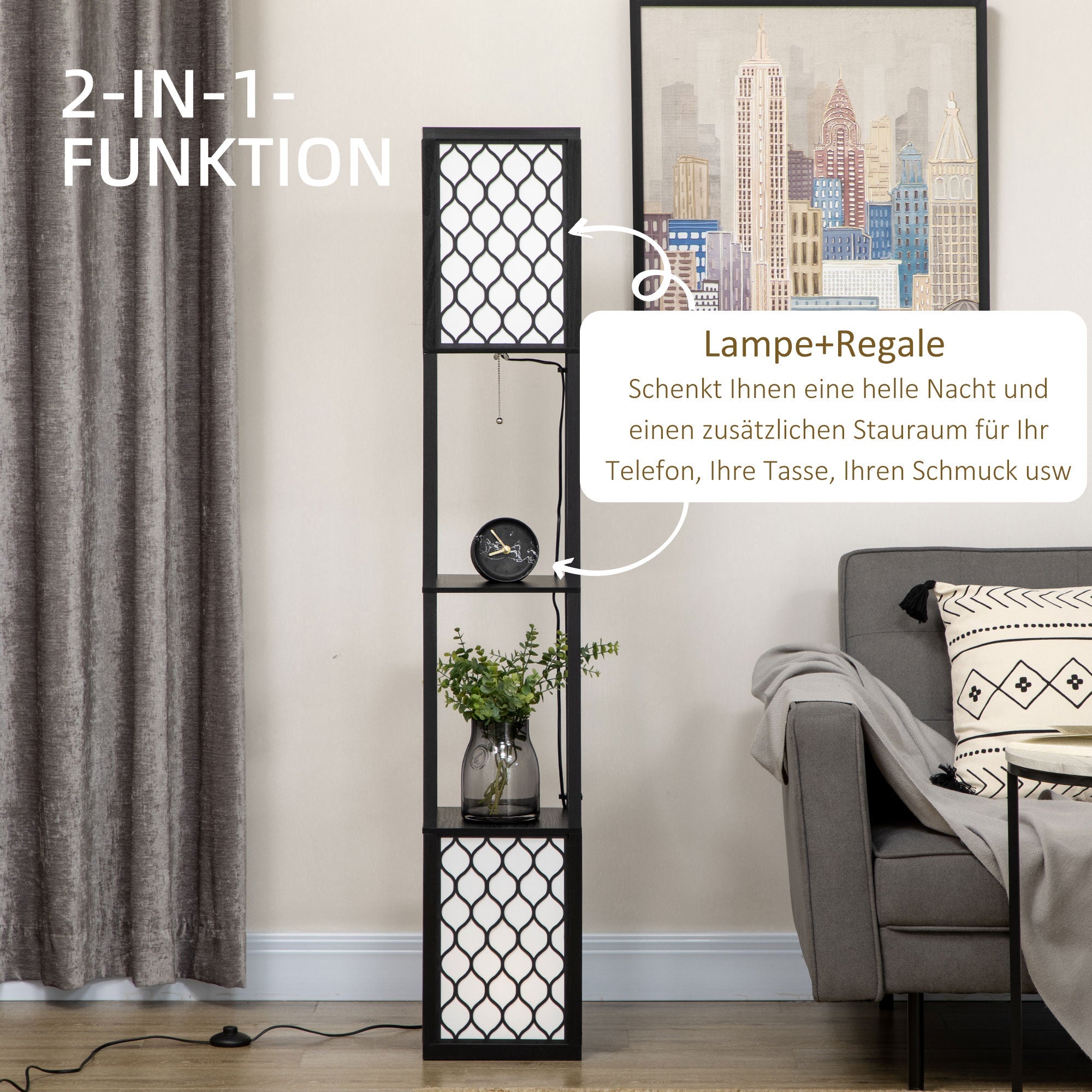 Floor Lamp with Shelf, Double Light, 40W E27, Pull Chain Switch