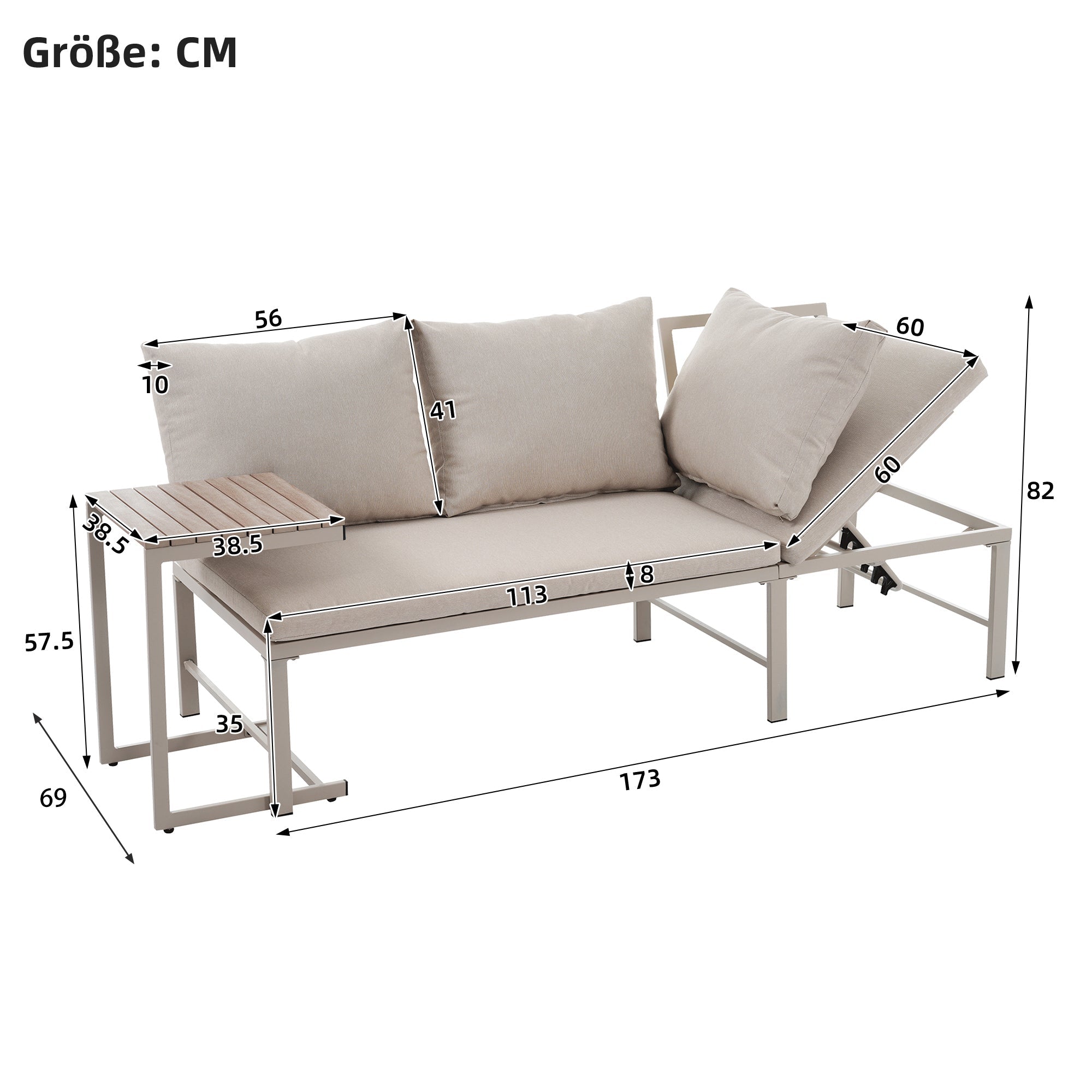 3-Seater Outdoor Sofa and Table Set with Adjustable Reclining Function, Khaki