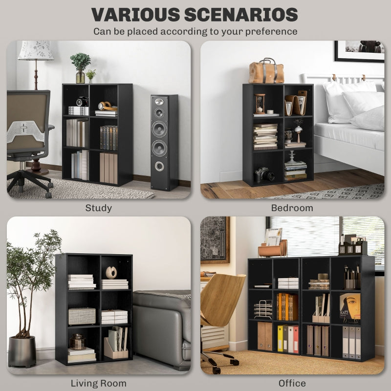 Six-Cube Bookcase 3-Tier Storage Unit Black Wood Effect