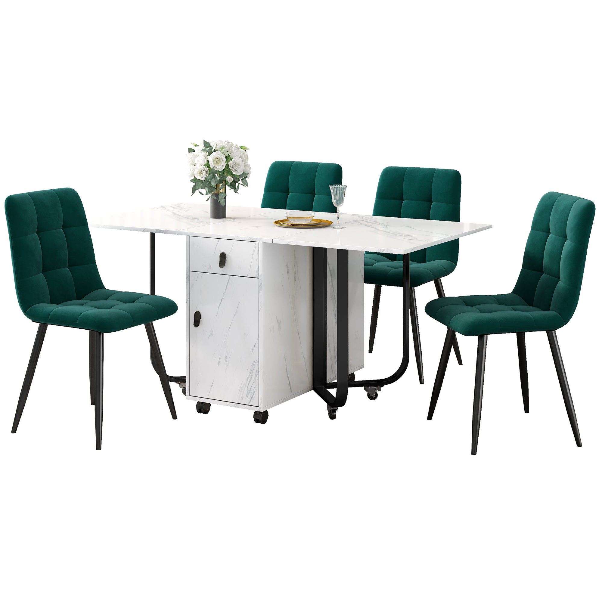 Dining Set 5-Piece Folding Kitchen Table Velvet Chairs White MDF Black
