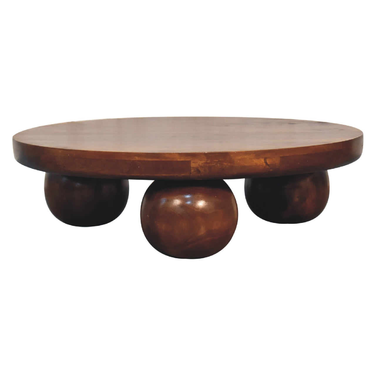 Solid Wood Table, Central Ball Design, Dark Brown Chestnut