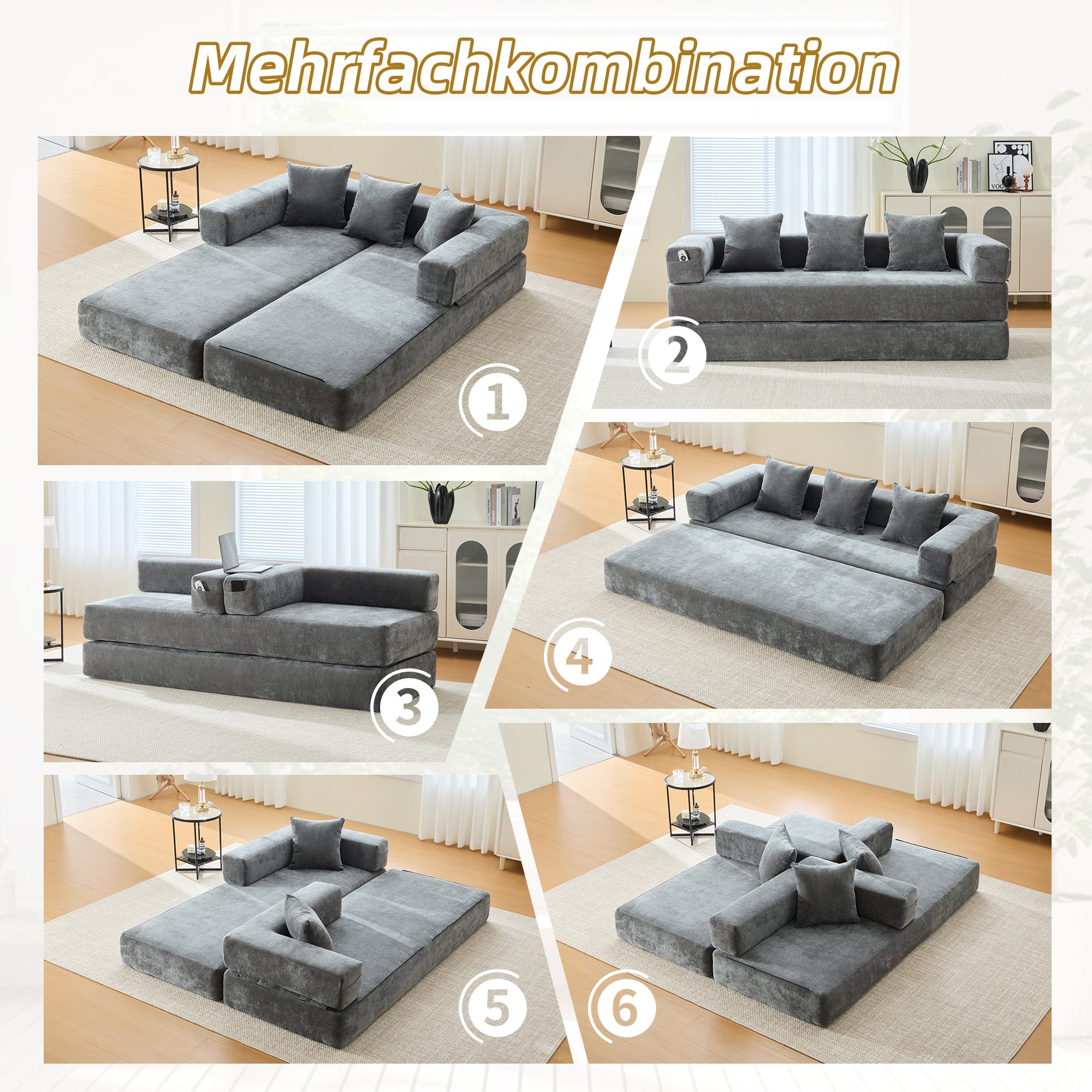 Modular Chenille Block Sofa - Super Soft, Combinable with Side Pockets - Chenille Fabric