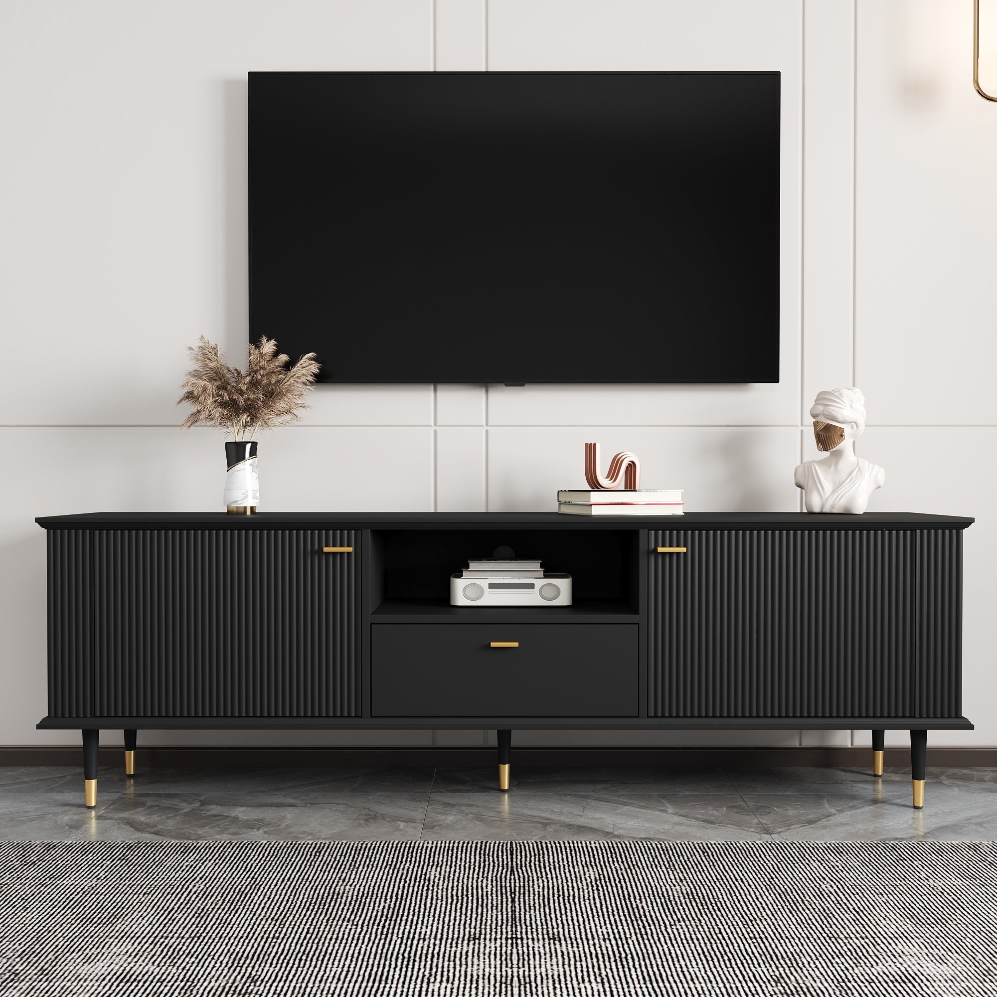TV Cabinet with Open Compartments, Drawers and Soft-Close Hinges, Lacquered Textured Surface