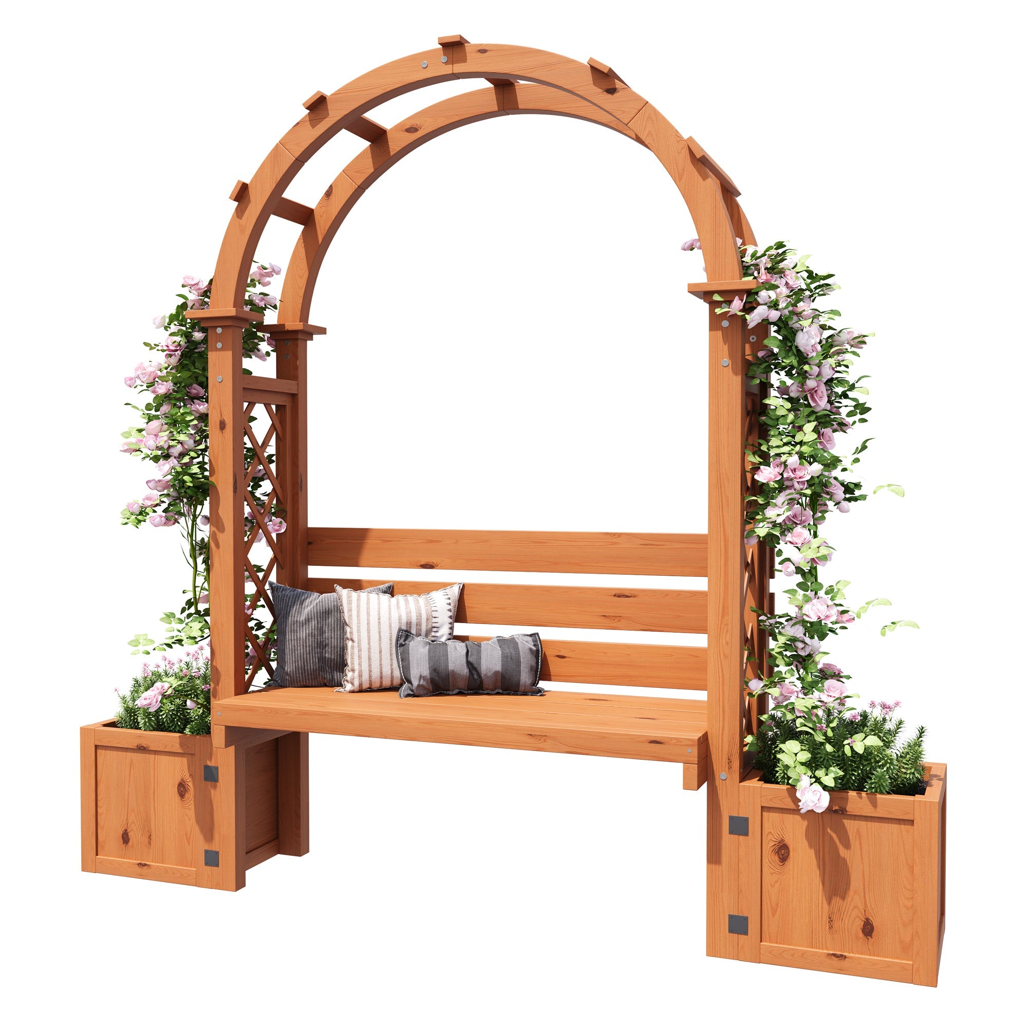 Planter Box with Trellis and Bench for Garden and Yard, Natural Wood