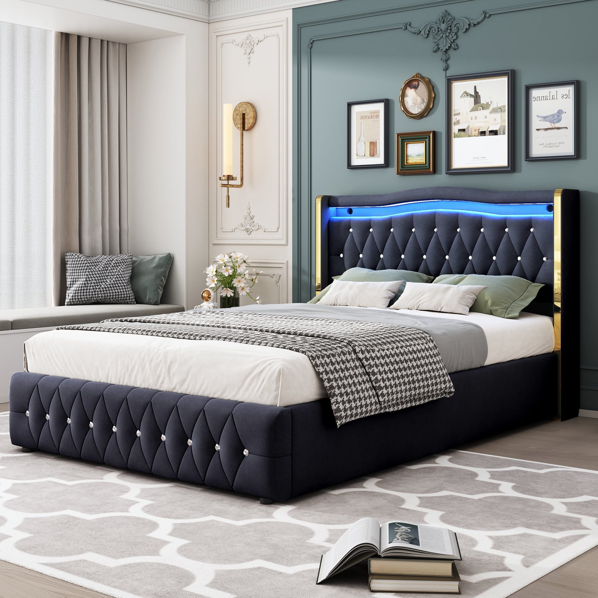 Upholstered Bed, 140x200cm LED Hydraulic Storage, Velvet Black