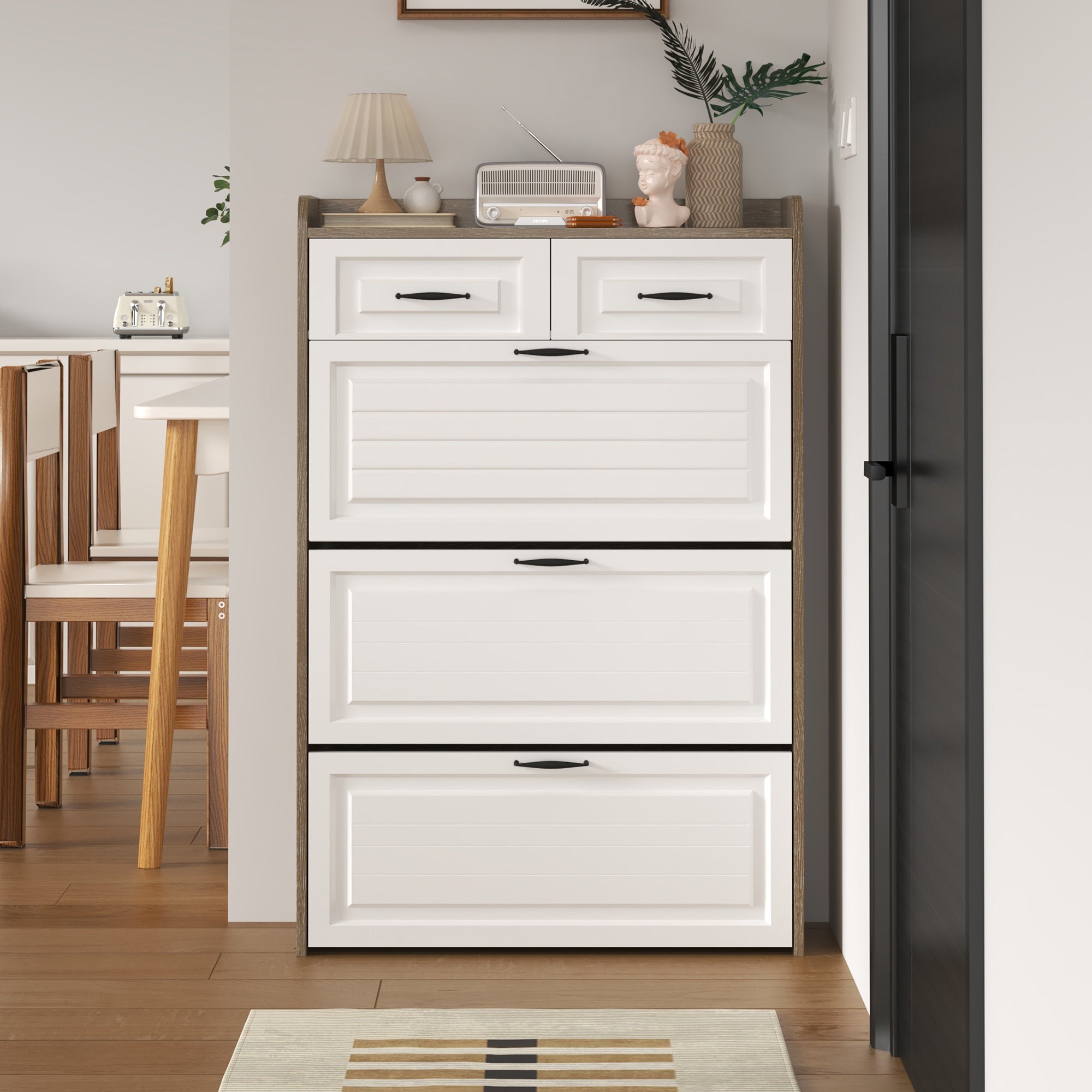 Shoe Cabinet Rotating Shoe Rack with 3 Doors and 2 Drawers Wood