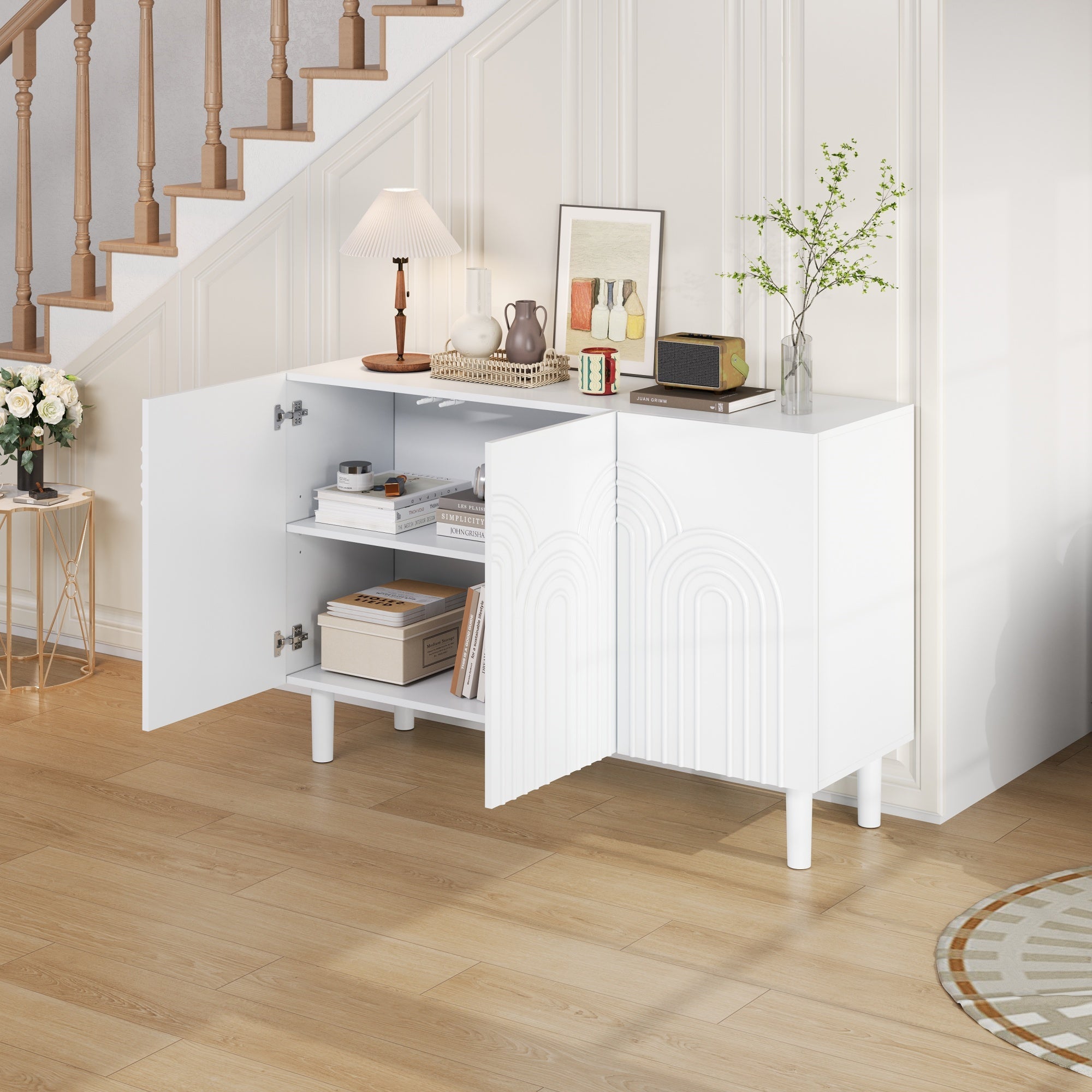 Sideboard Cabinet, 3 Doors Large Storage Adjustable Divider, White MDF