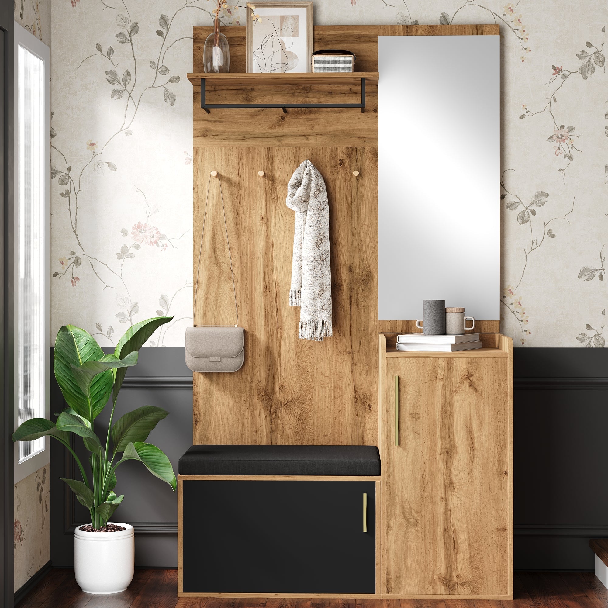 Compact Wardrobe Set, Mirror Bench Shoe Cabinet Hooks, Wood Look