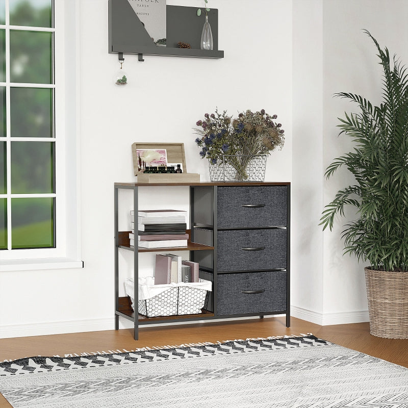 Storage Chest of Drawers, 3 Fabric Drawers and Shelves, Brown and Gray Metal