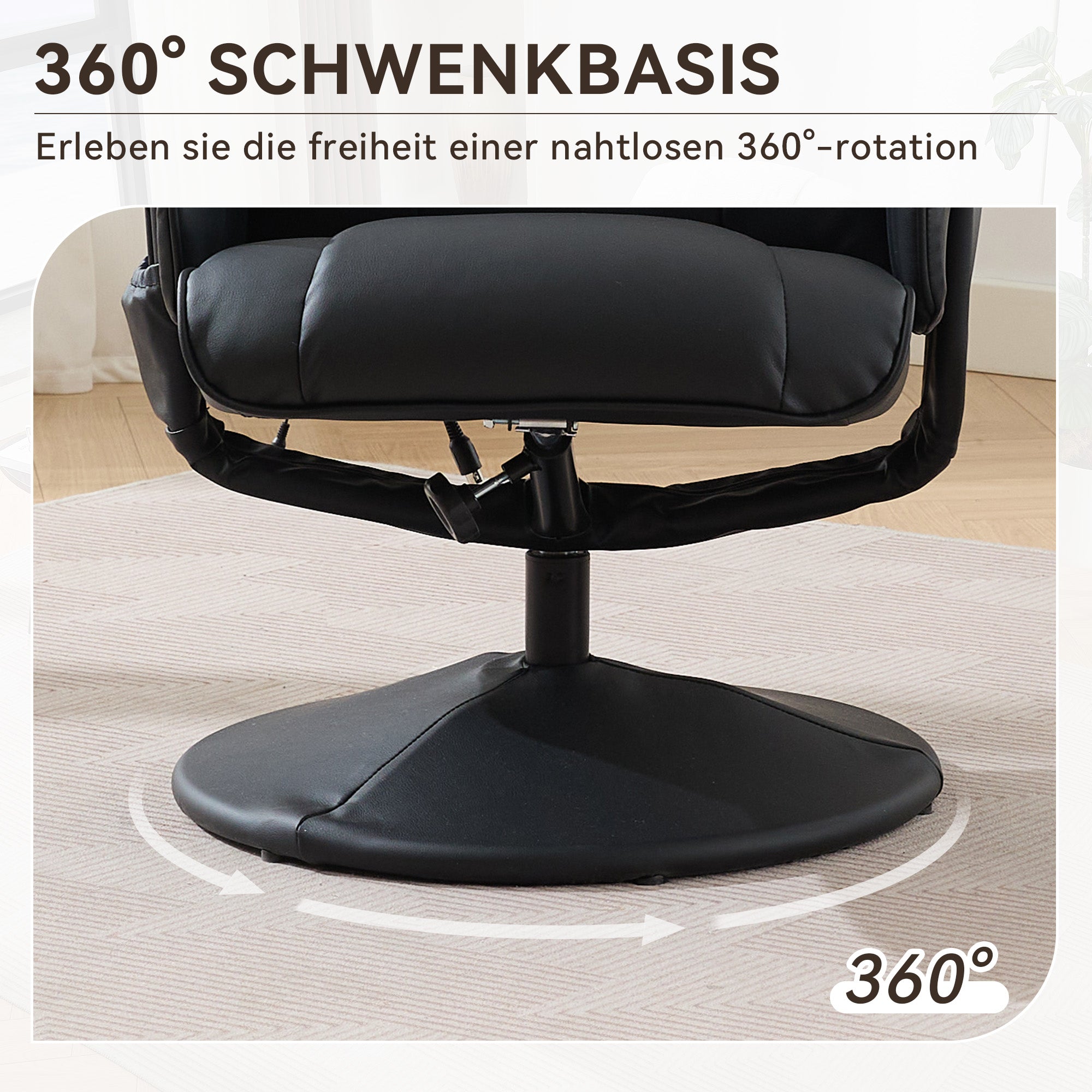 Massage Chair: Reclining, Heating & Stool, 360° Rotation, Black PU Fabric