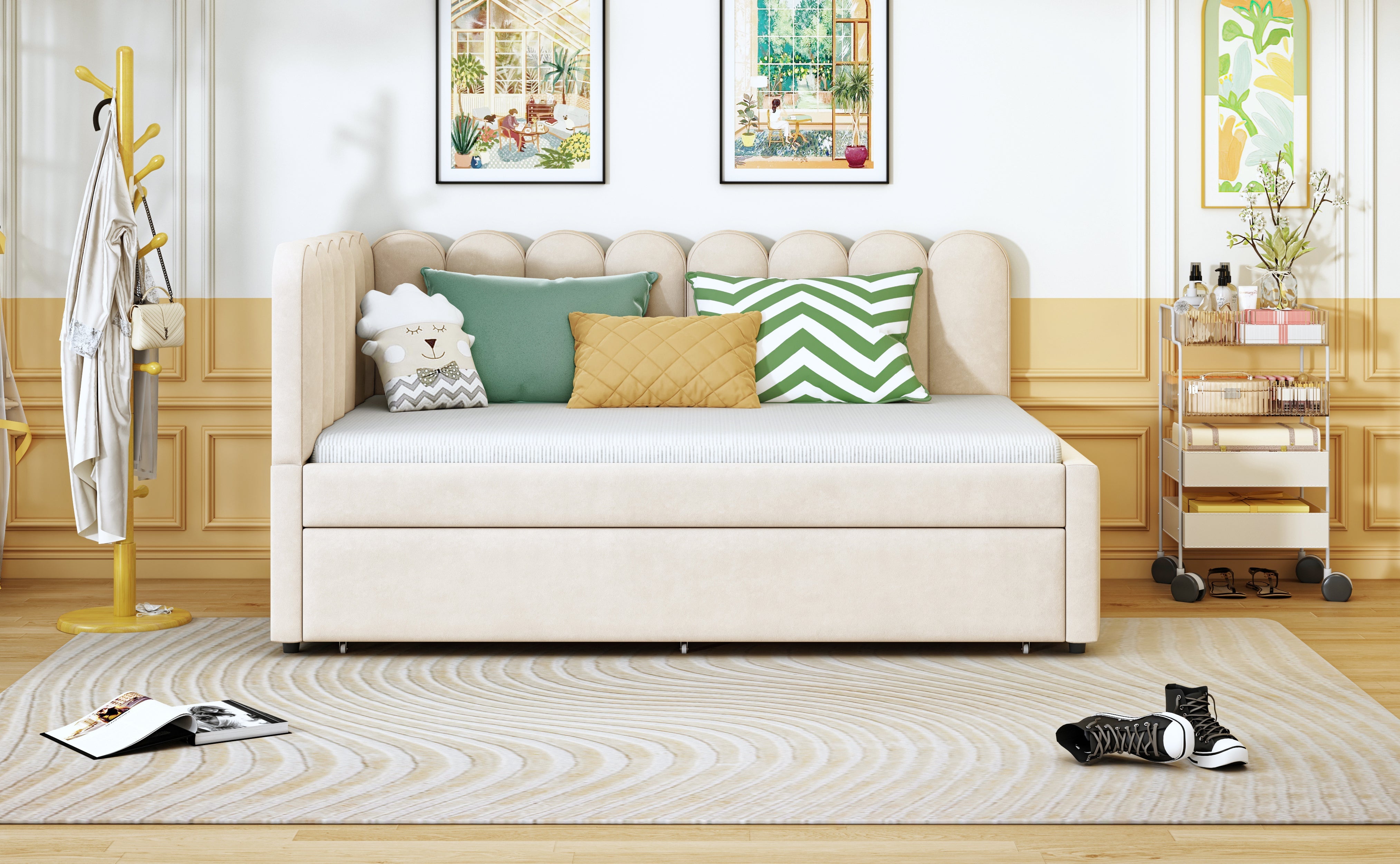 L-shaped Upholstered Bed, Sofa Bed 140x200 cm, Floral Backrest, Pull-Out Bed, Beige Velvet