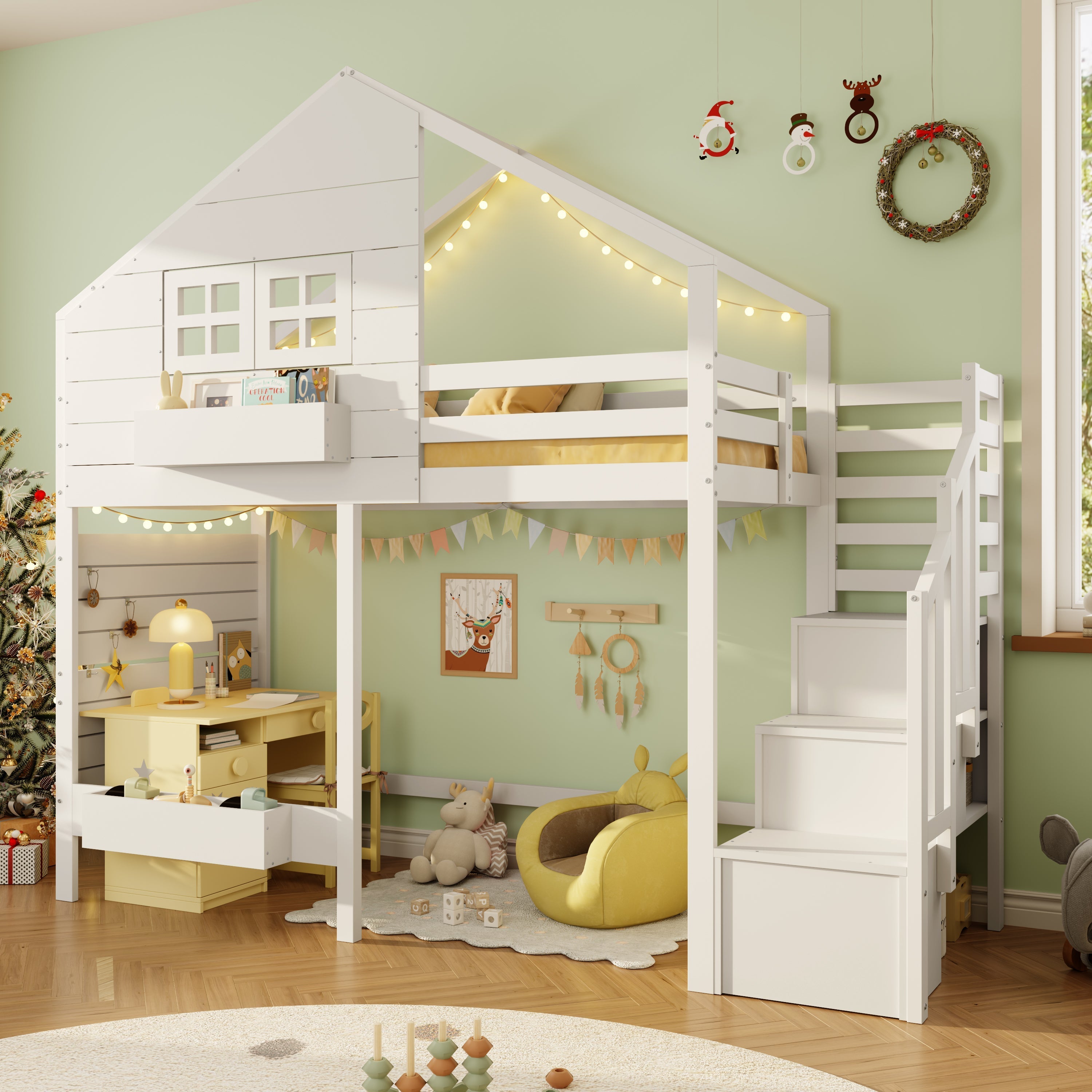Bunk Bed with Storage Stairs and Fall Protection, 90x200cm, White Solid Wood