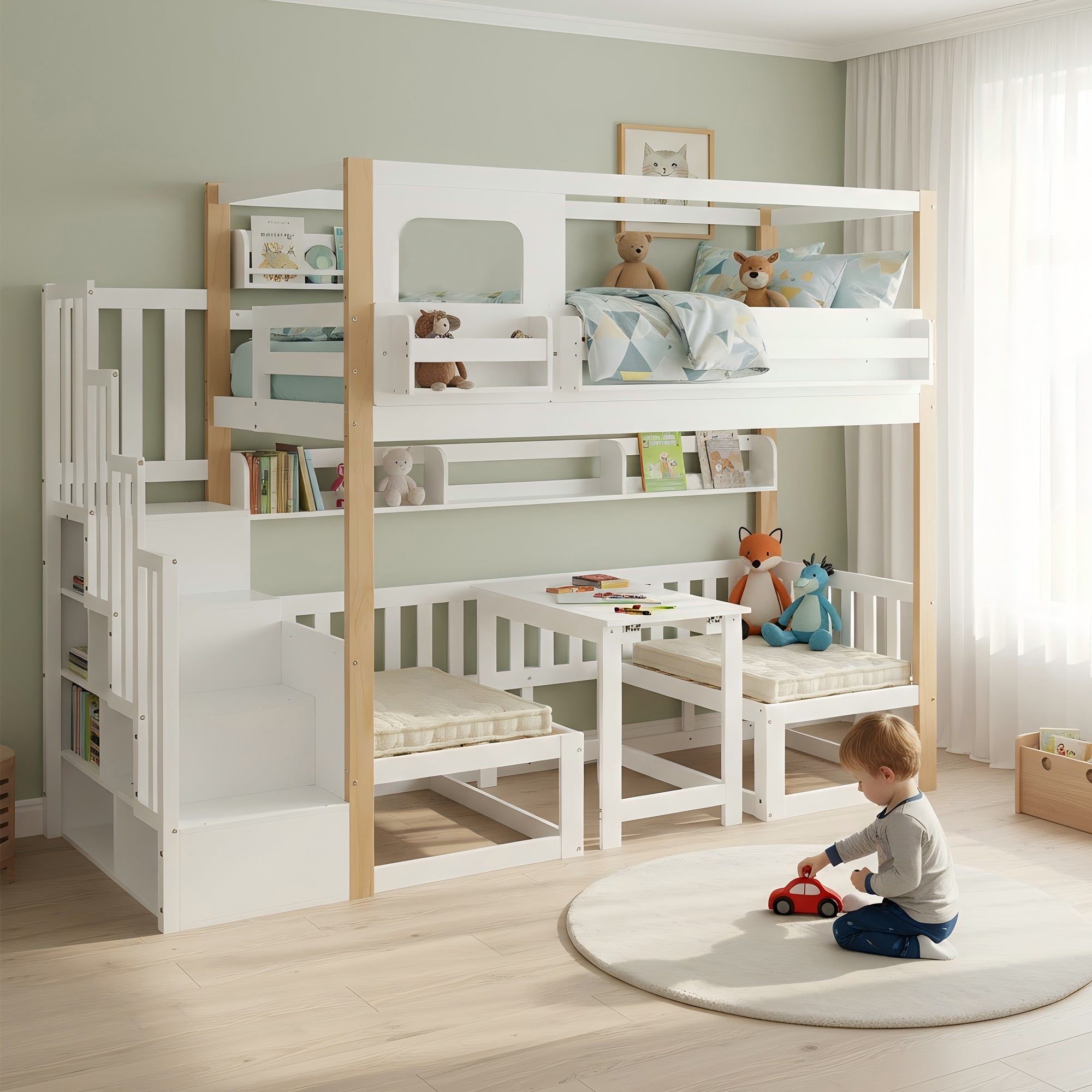 Bunk Bed with Adjustable Table, Bookshelf and Storage Stairs, 90x200cm, White and Natural Pine + MDF