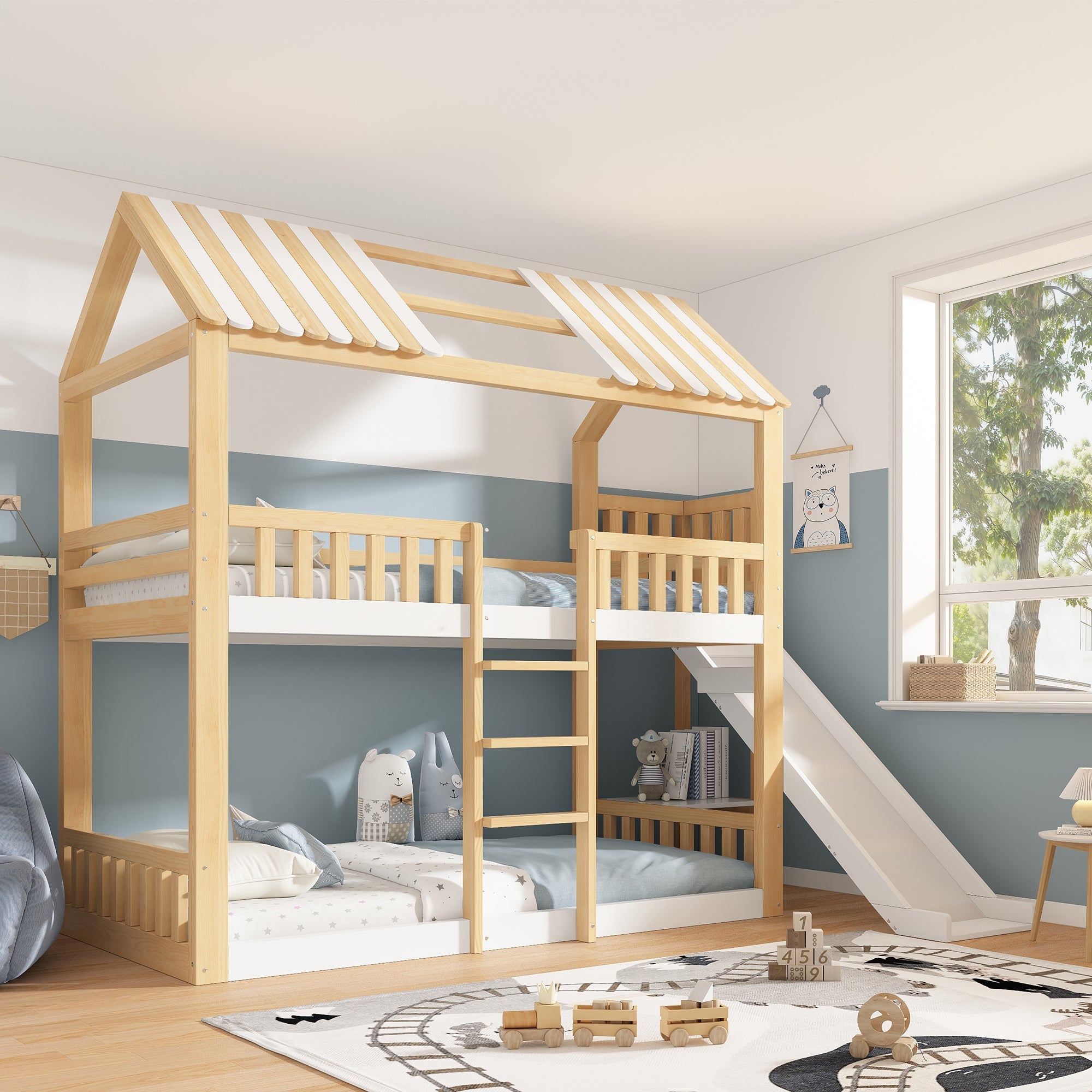 Children's Bunk Bed with Gable Roof, Shelf and 35cm Slide, 90x200cm, White and Natural Wood