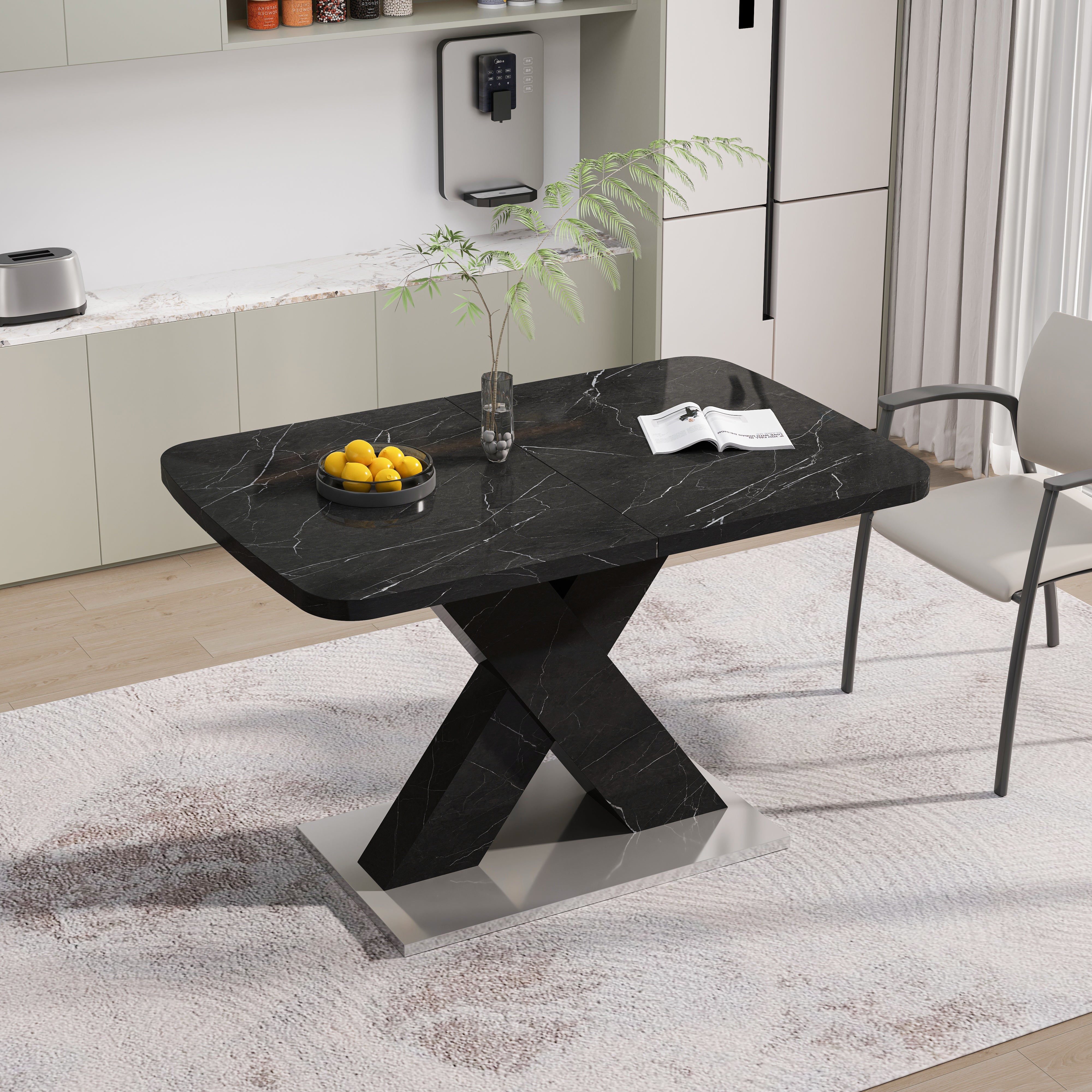Dining Table 120-160CM Modern Stretchable Rectangle Marble Top, Black MDF/Metal