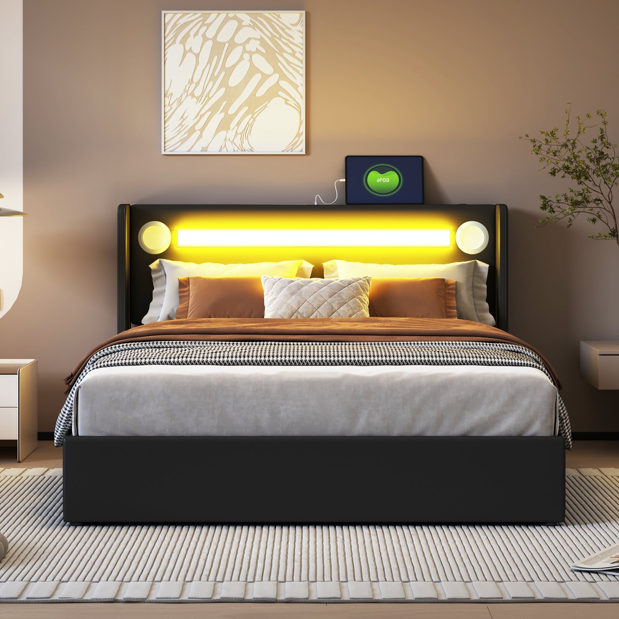 Upholstered Bed, 140x200 LED, Bluetooth & USB, PU Leather Black