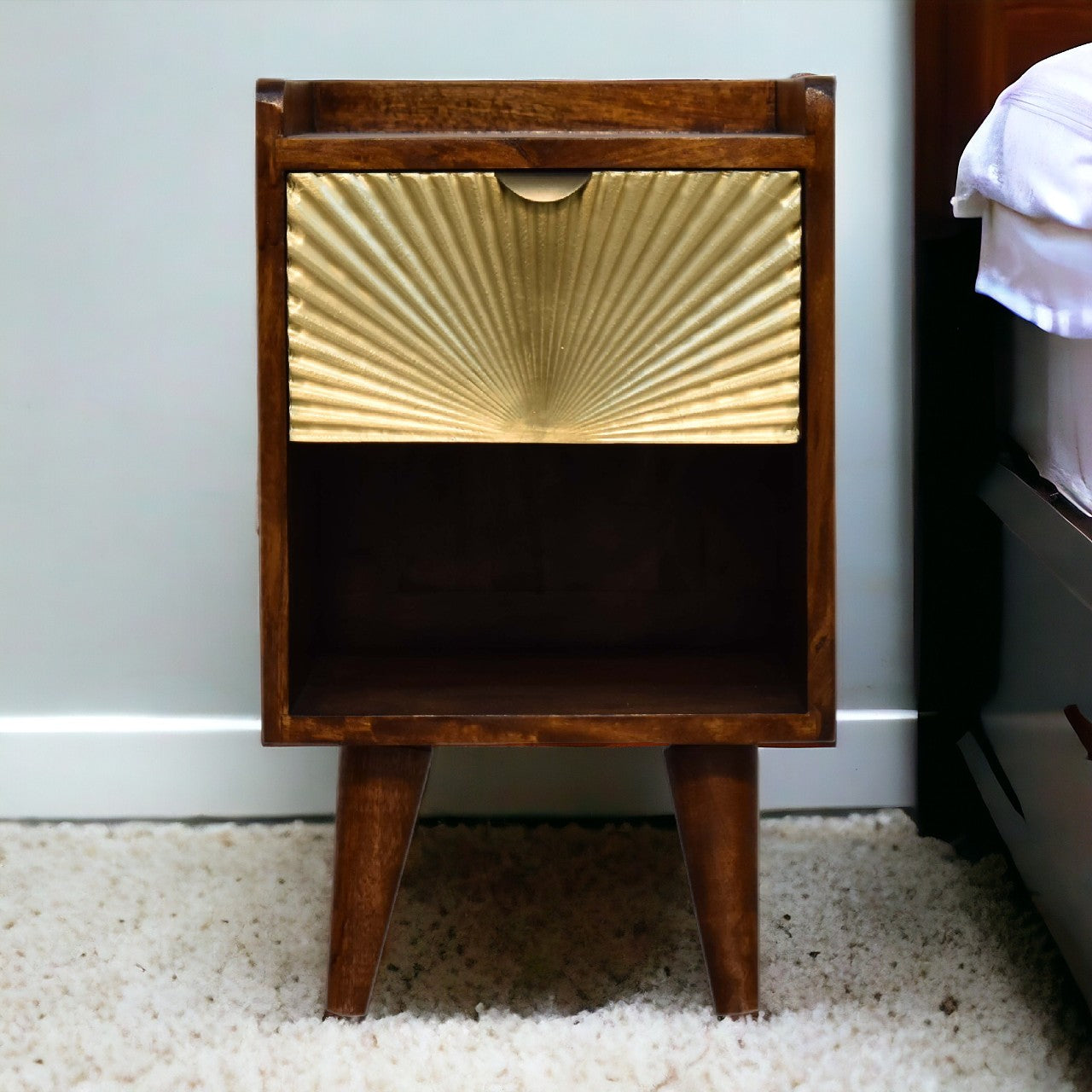 Mini Manila Gold Bedside 1 Drawer, 1 Shelf, Solid Wood Brown