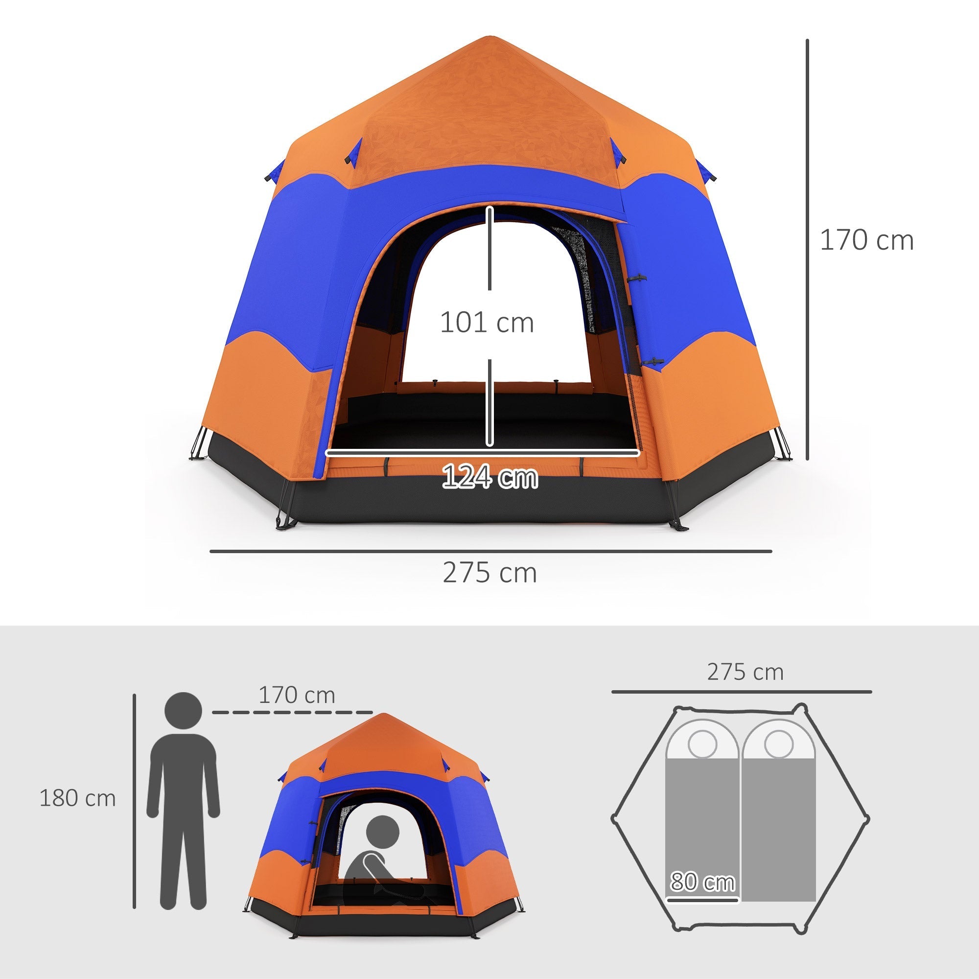 Family Tent Quick-Up Double-Wall for 4-6 Persons, 4 Seasons, Waterproof, with Mosquito Net, 2 Doors