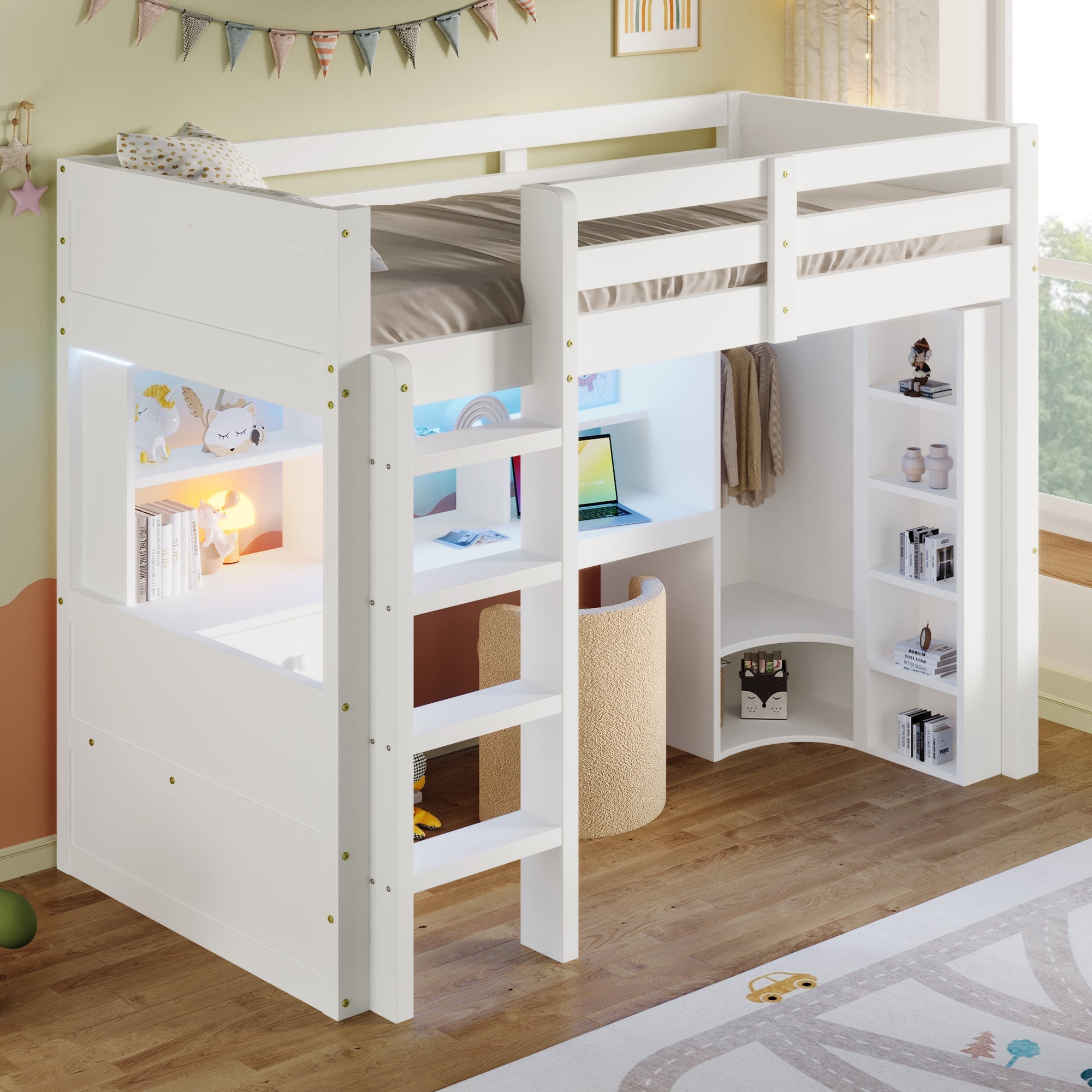 Loft Bed 90x200cm LED Wardrobe Desk Drawers Storage - White
