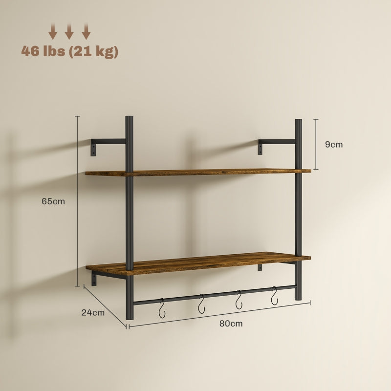 Wall Mounted Floating Shelves with 4 Hooks, Rustic Brown