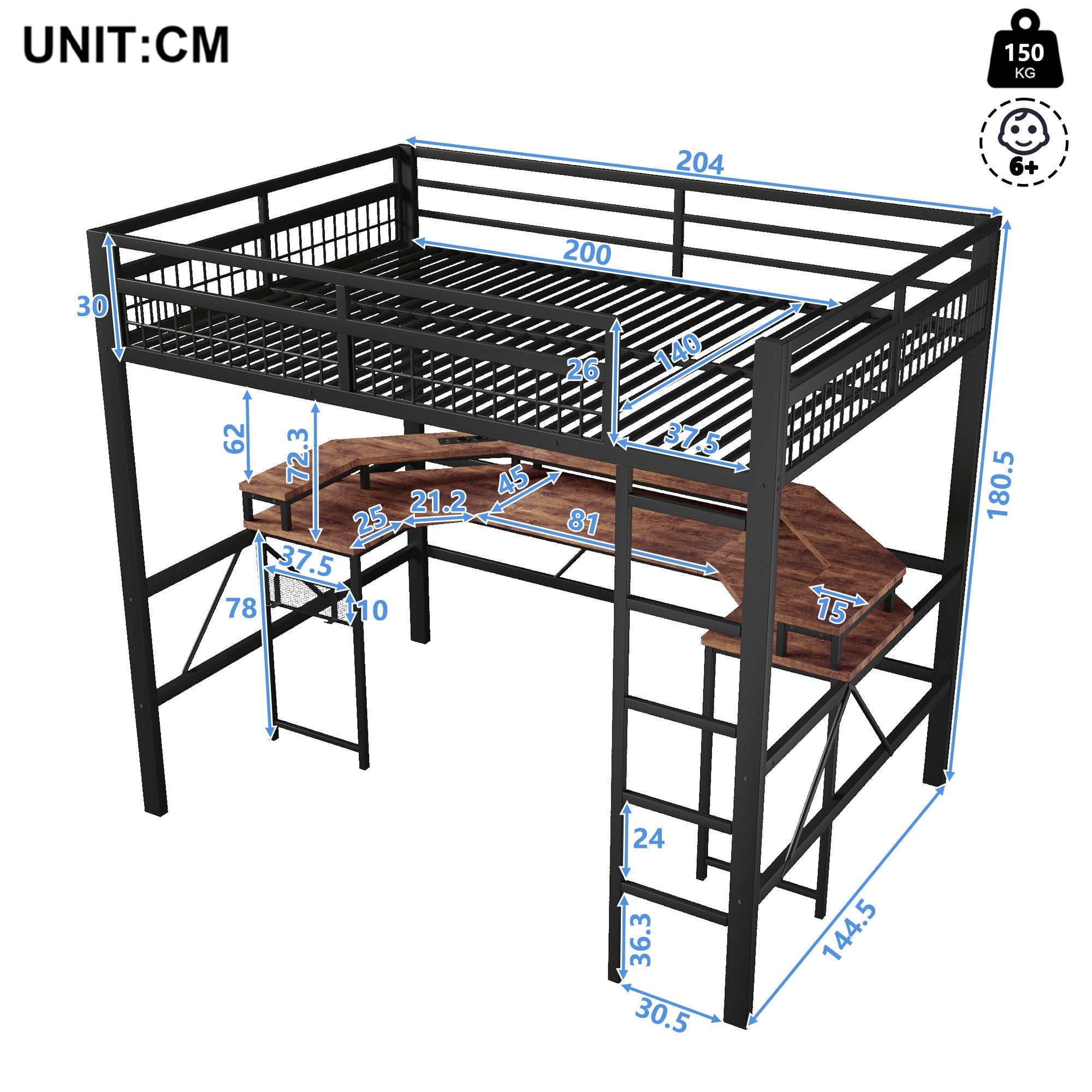 Loft Bed with Desk, LED Lights, Pegboard and Charging Ports, Black Iron Frame
