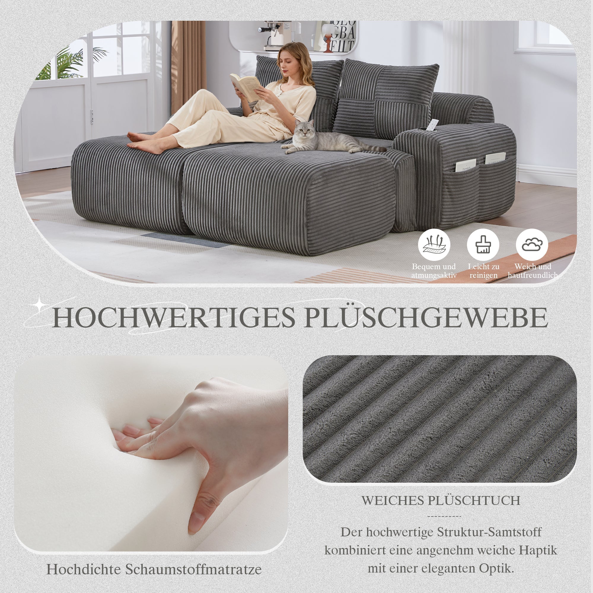 Modular 2-Seater Corduroy Sofa with Ottomans, Cup Holders and Storage Pocket, Dark Grey