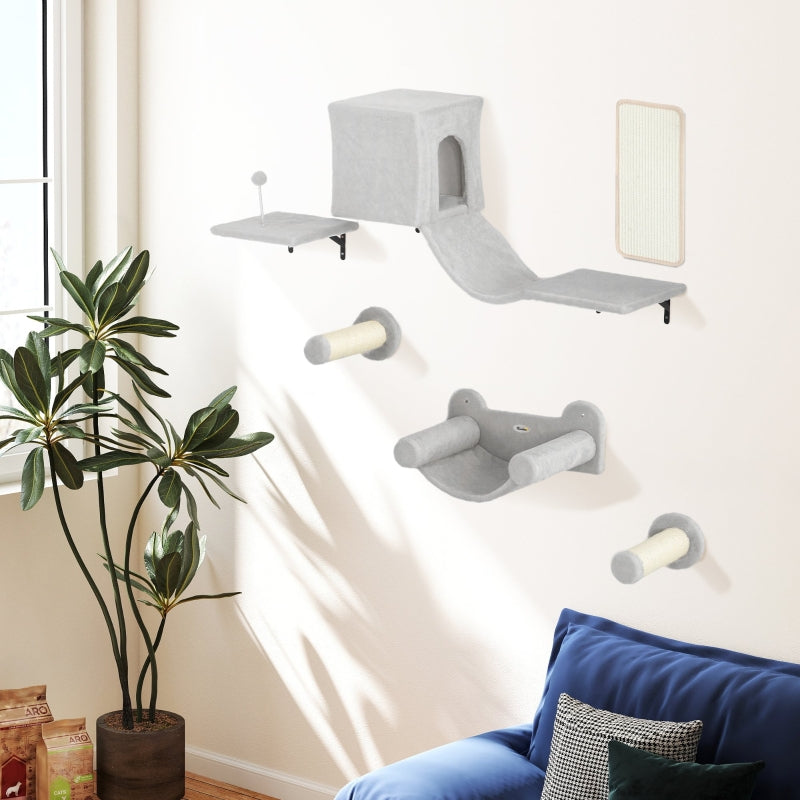 PwaHut Cat Climbing Wall Set with Cat House, Hammock, Scratching Post, Grey