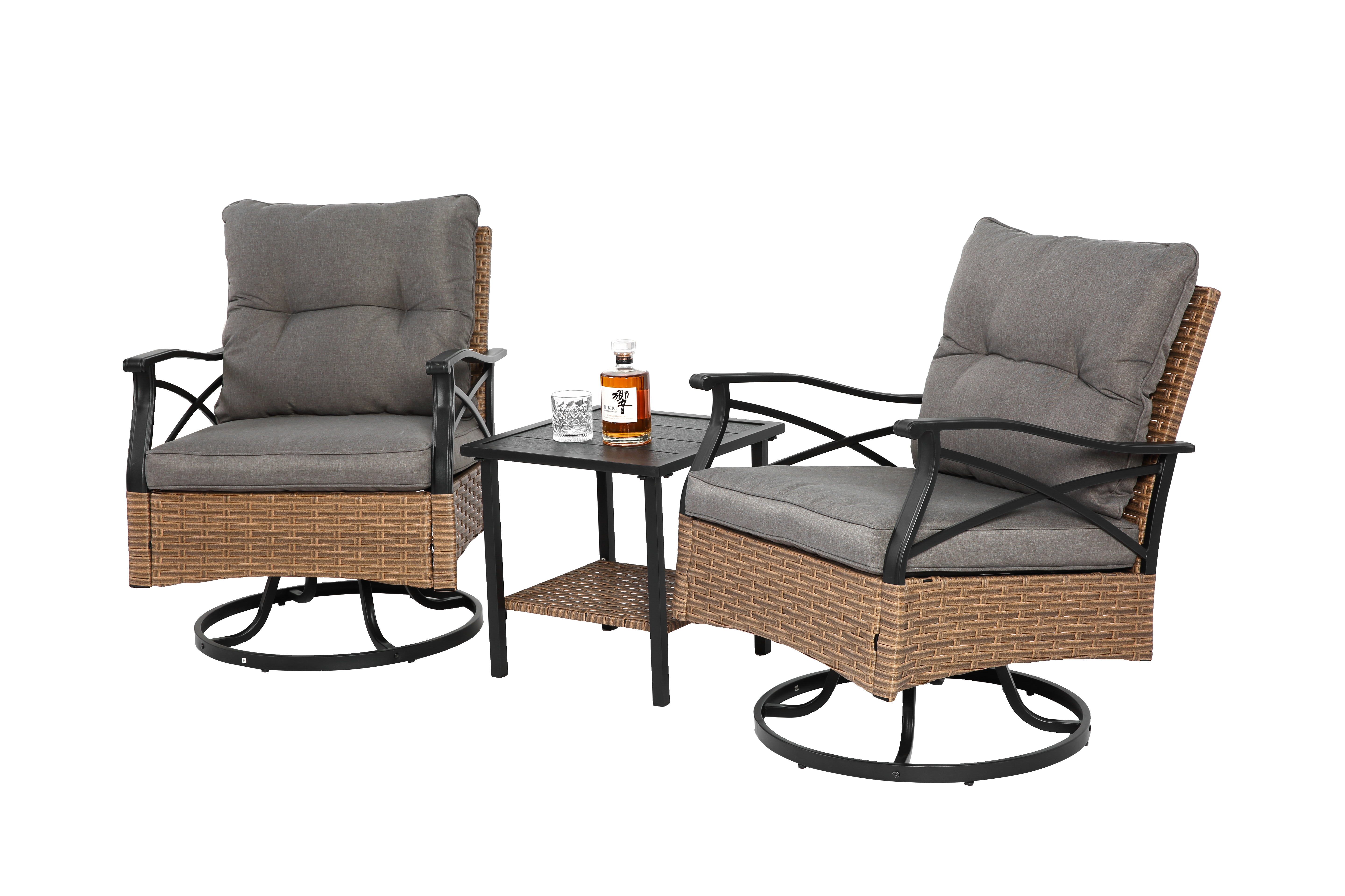 Outdoor Swivel Rocking Chair Set, 3 Pieces with 1 Table and 2 Chairs, 350lb Support, Brown Wicker
