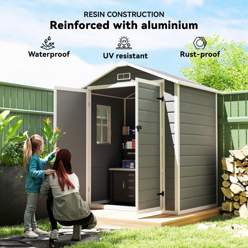 6'x4.5' Garden Storage Shed Lockable Double Doors Window Vent Plastic Roof Grey