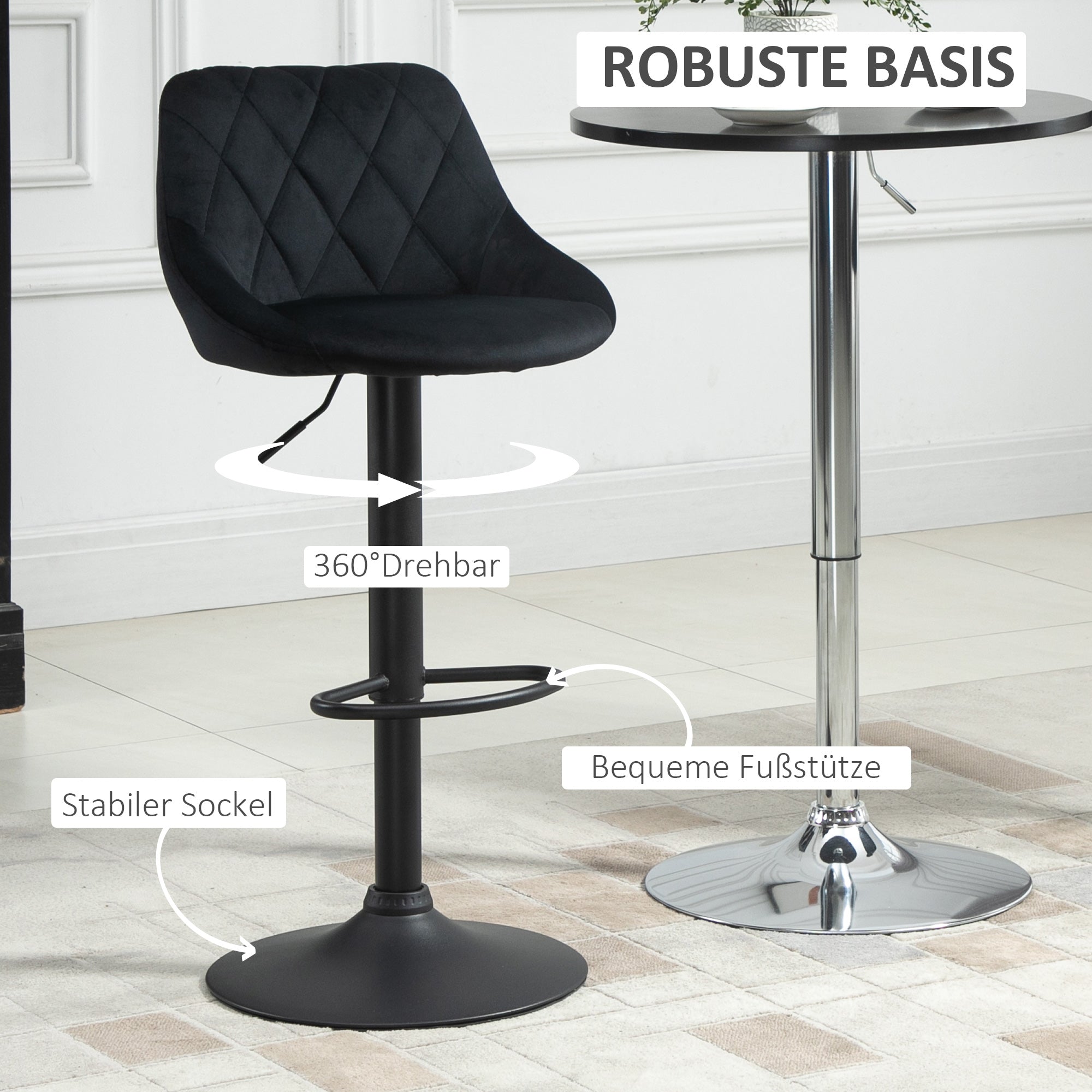 Bar Stool Set of 2, Height Adjustable with Footrest and Backrest, Velvet and Metal, Black