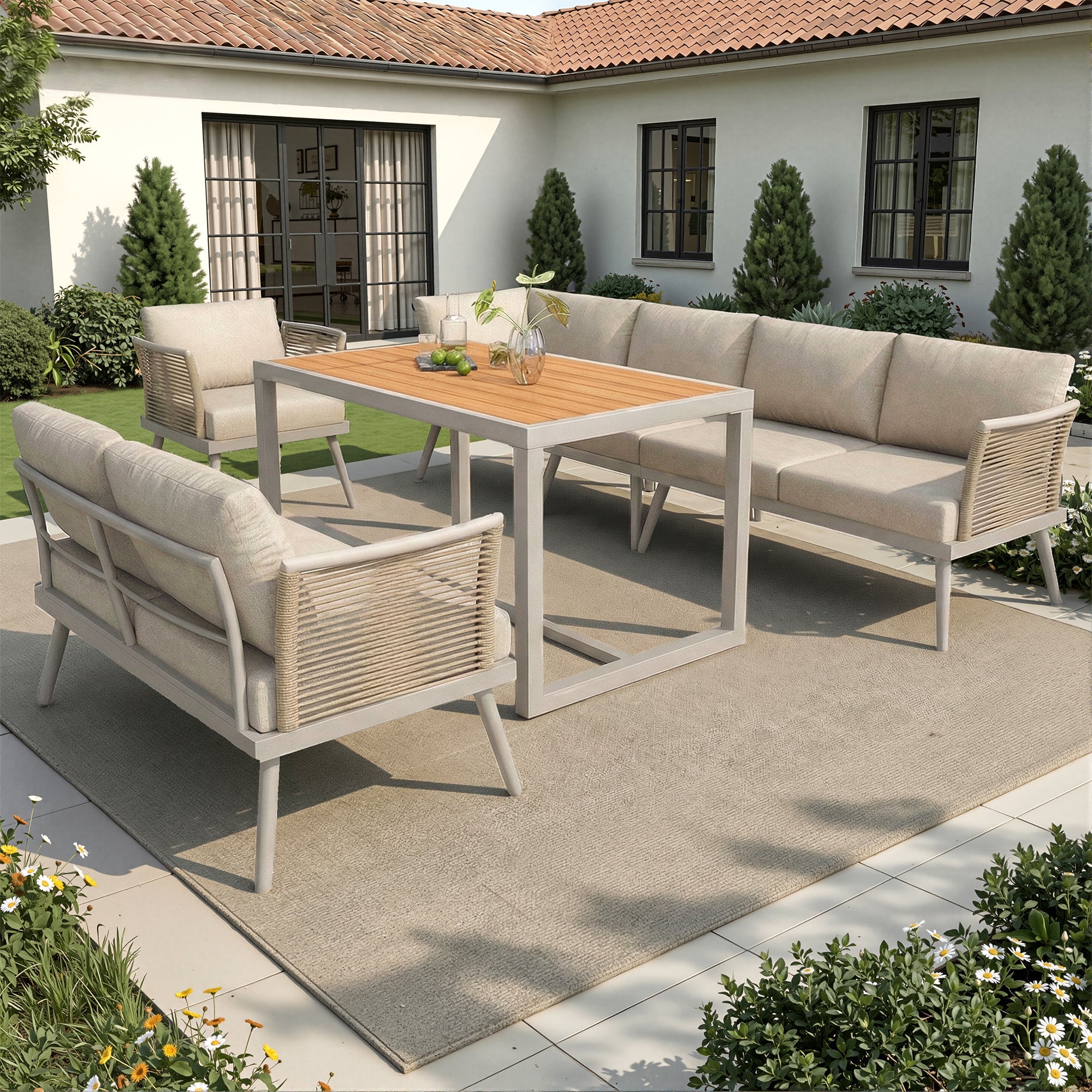 L-Shaped Garden Sofa Set with Coffee Table and Armchair, Seven-Seater Weatherproof Iron, Grey and Beige