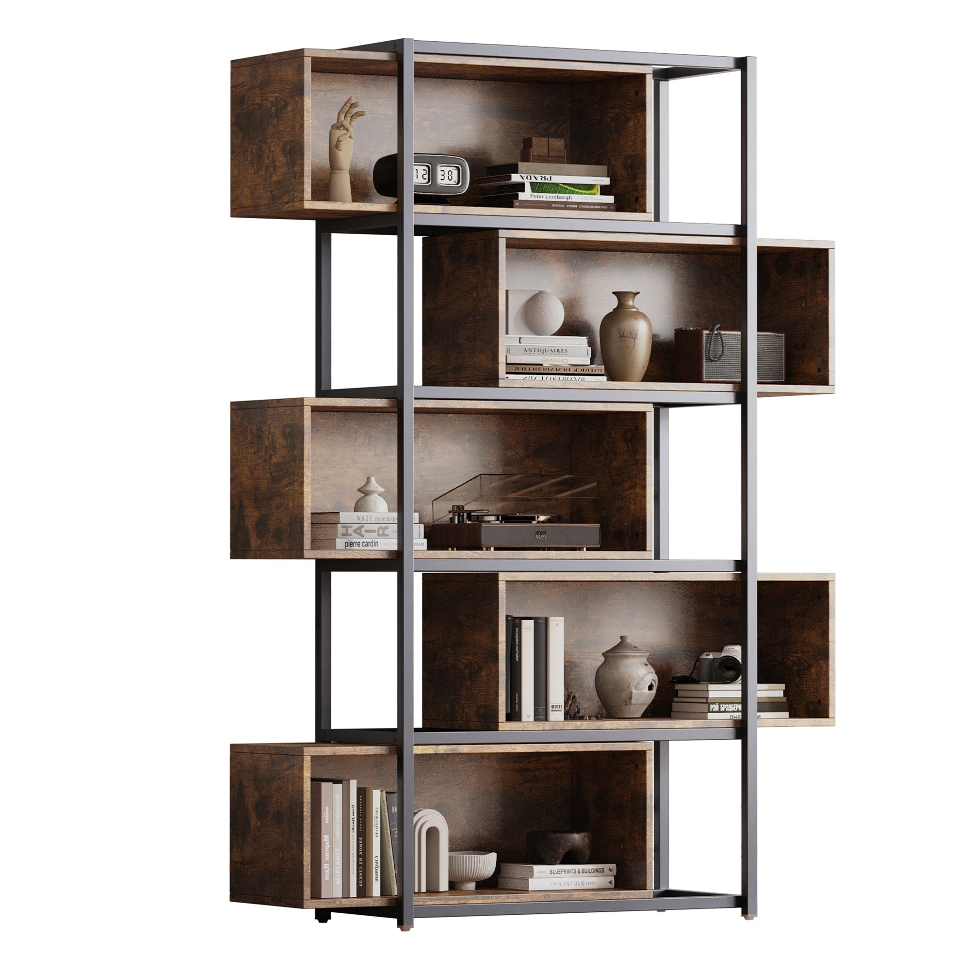 Bookshelf, 5 Tier with Shelves, Brown Wood Grain & Black Steel