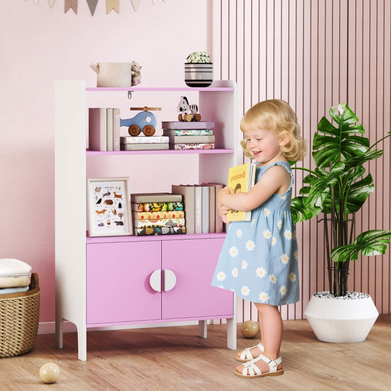 Kinderbücherregal, 2 Ablagen 2 Schränke freistehend, Pink+Weiß MDF
